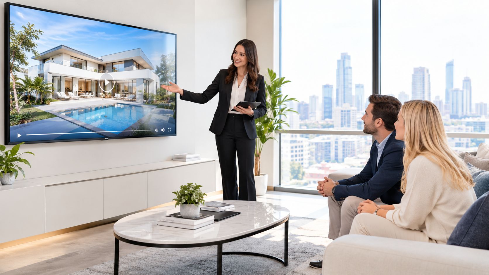 A professional real estate agent presenting a modern house video on a large screen to a couple.