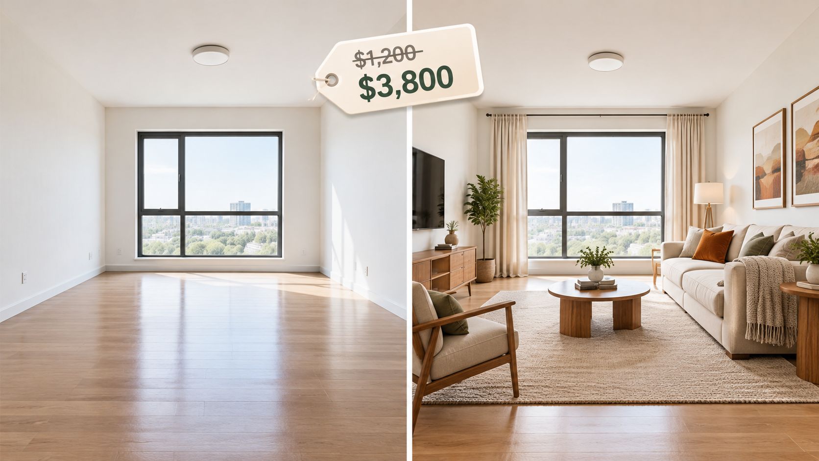 A split-screen view showing a vacant room compared to the same room professionally staged with furniture.