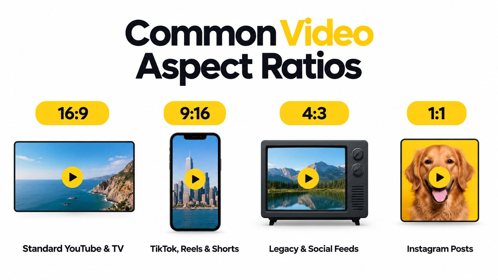 An infographic displaying four common video aspect ratios with illustrative icons for social media and television platforms.