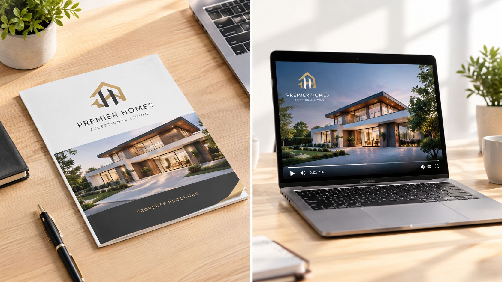 A professional real estate brochure and a laptop displaying modern luxury home property presentation branding materials.