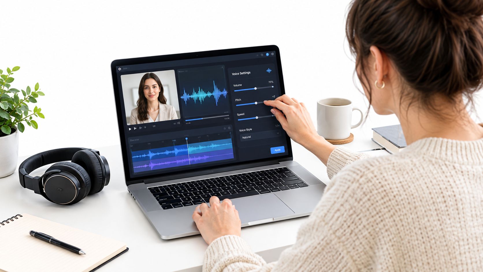 A woman using a laptop to edit an AI avatar video with voice settings in a bright workspace.