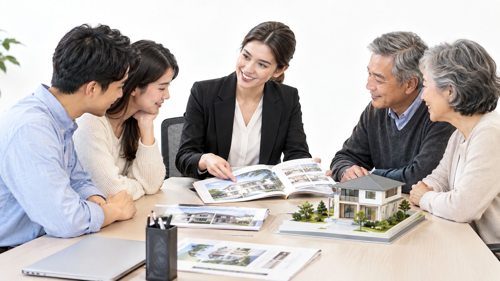 A smiling real estate agent presenting property brochures to a young couple and an older couple.