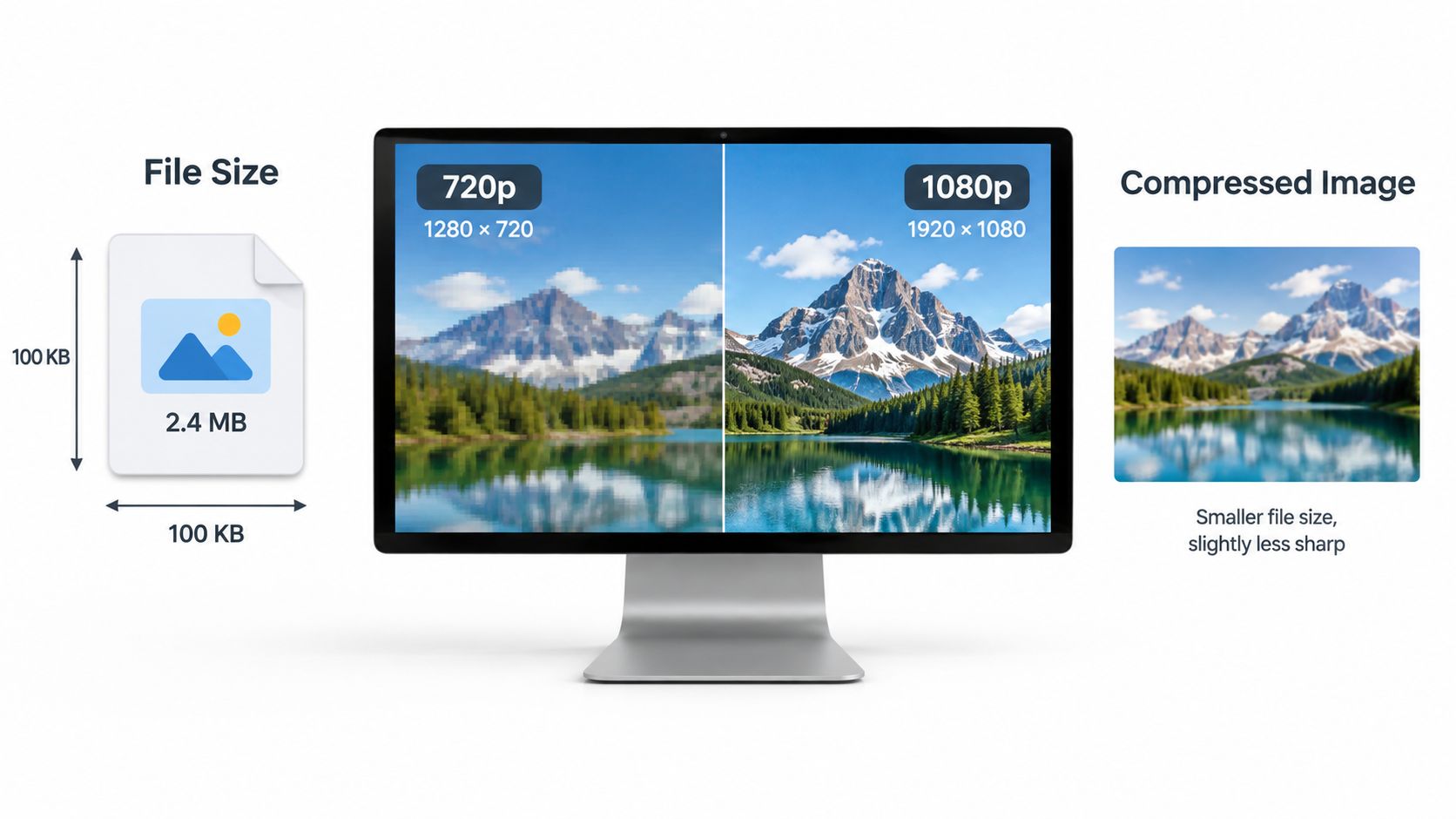A monitor displaying a comparison between a pixelated 720p image and a sharp 1080p high definition landscape.
