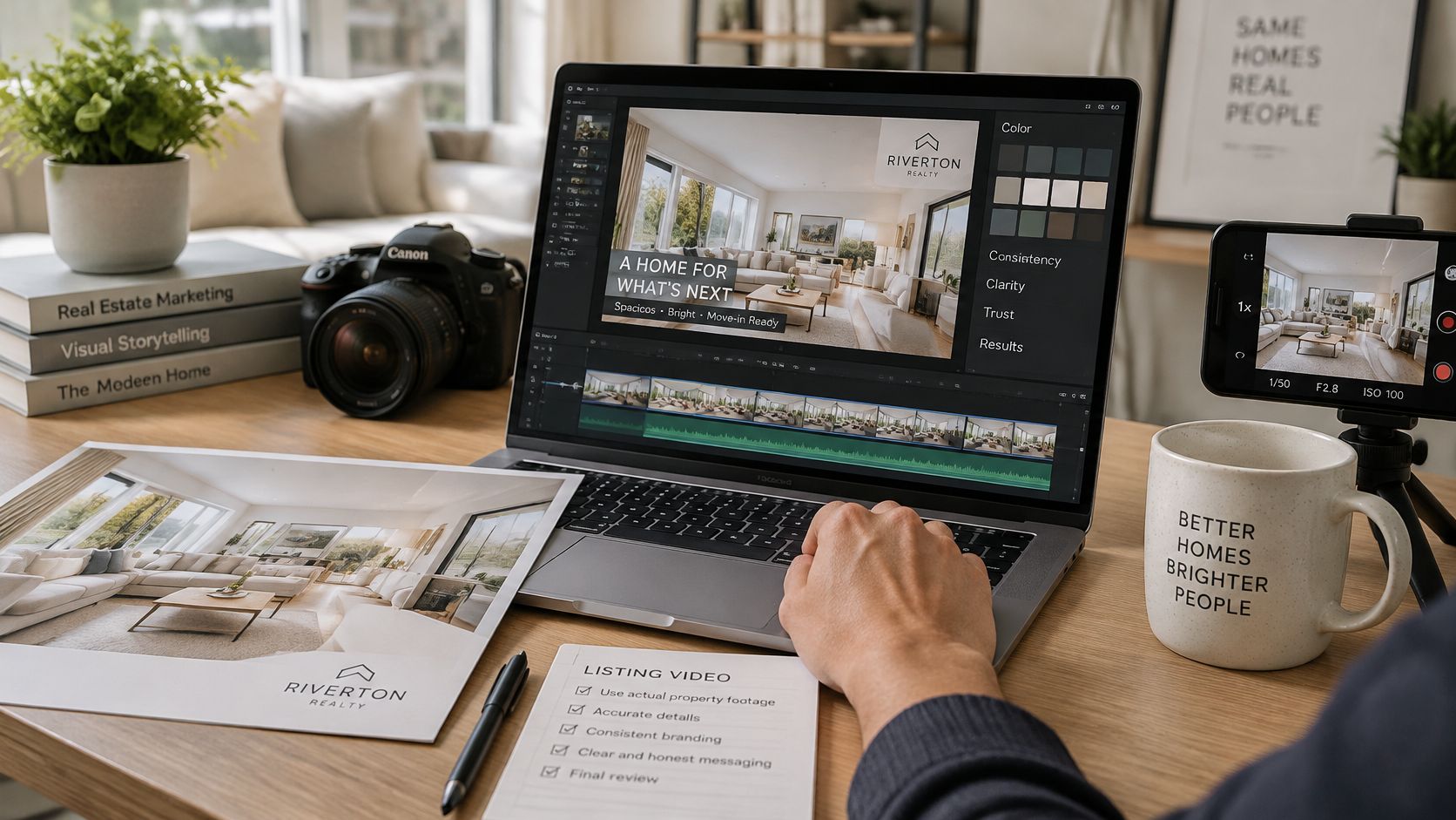 A professional real estate marketer editing a home listing video on a laptop at a desk.
