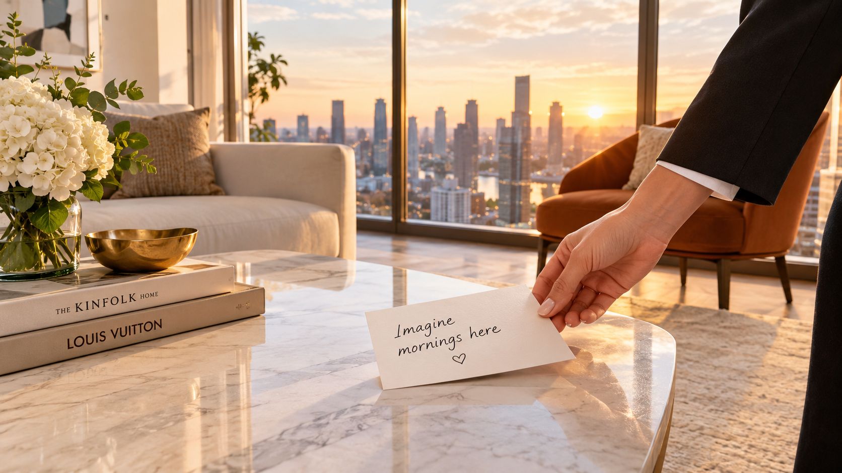 A hand placing a note saying Imagine mornings here on a luxury apartment coffee table at sunrise.