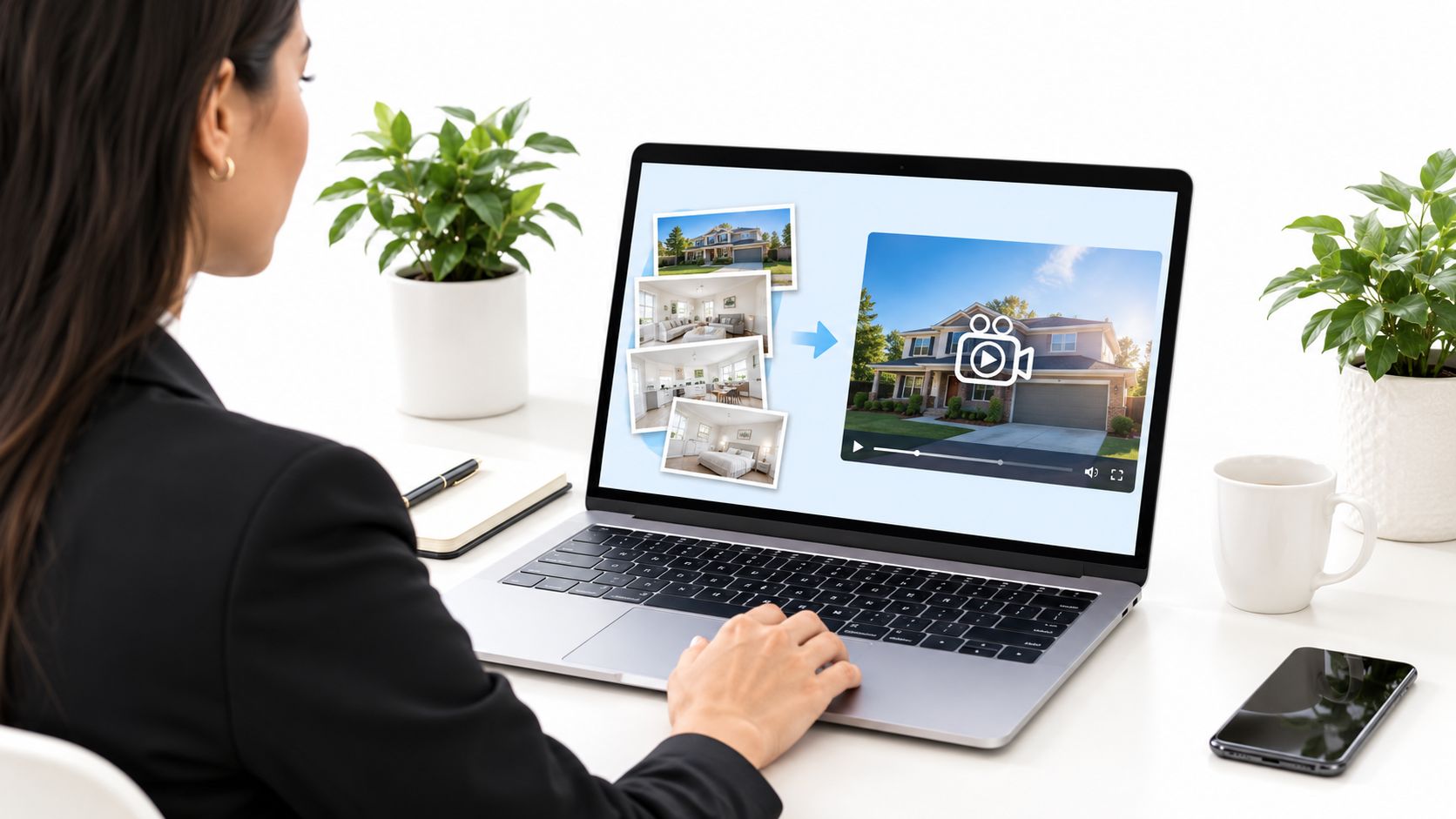 A professional real estate agent editing a promotional property video on a modern laptop computer.