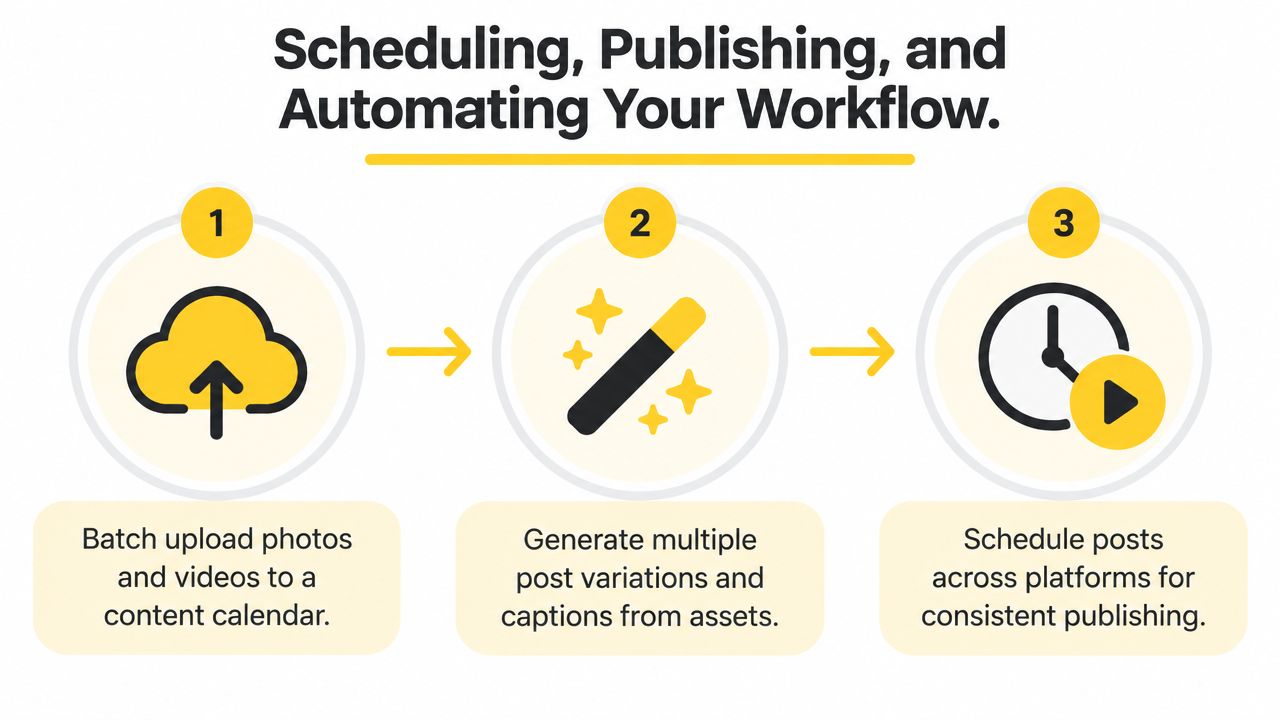 A three-step workflow infographic illustrating how to upload content, generate post variations, and schedule social media posts.
