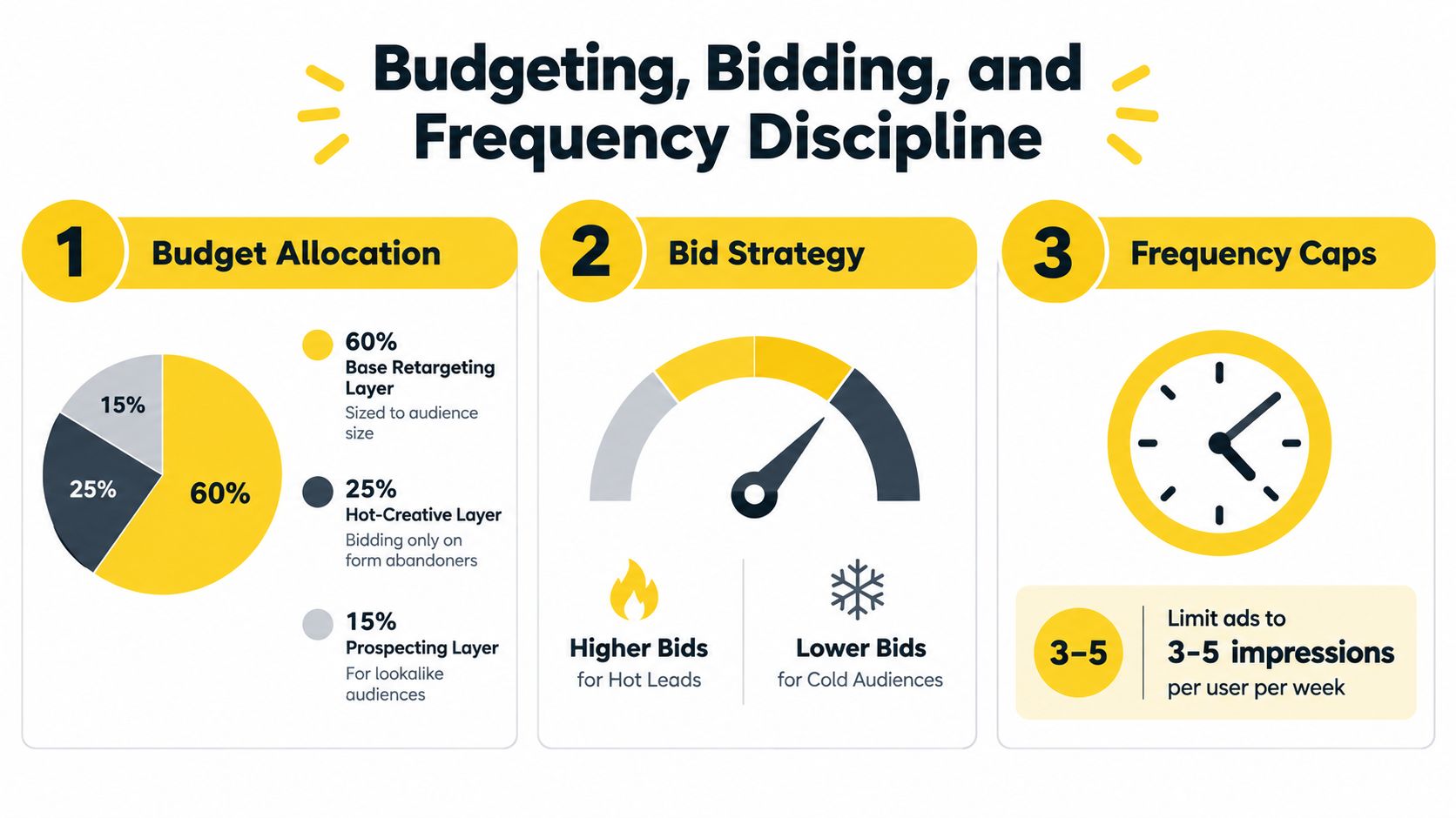 A marketing graphic titled Budgeting, Bidding, and Frequency Discipline showing budget allocation, bidding strategy, and ad frequency caps.