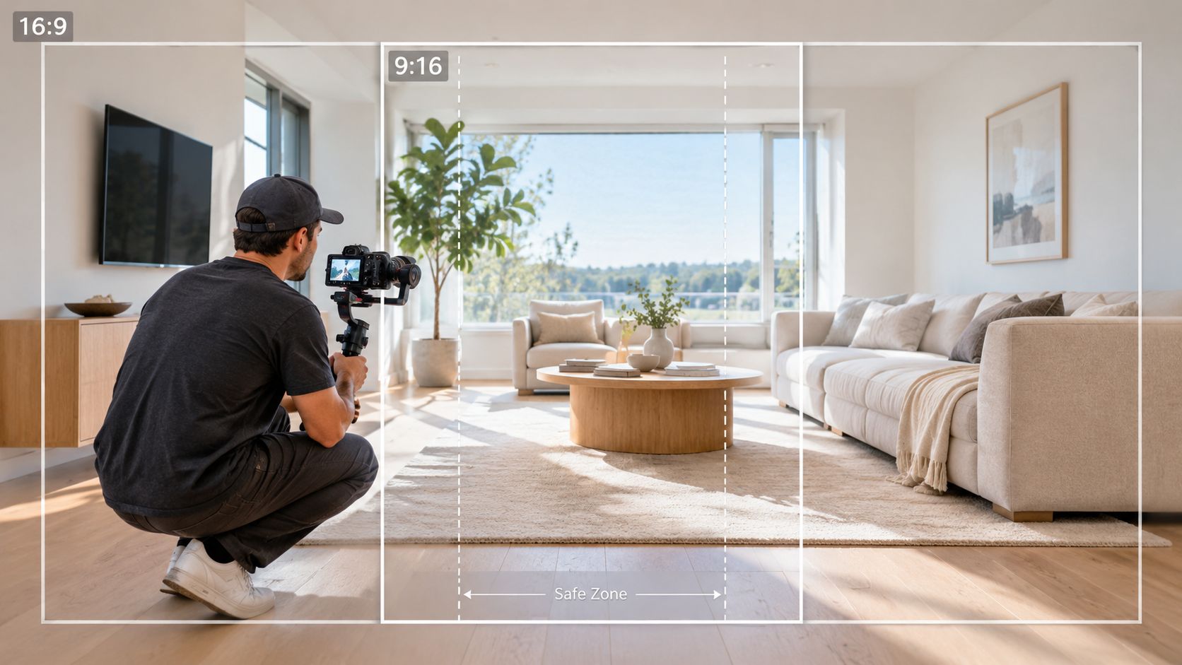 A videographer crouching while filming a living room interior with a professional camera on a gimbal.
