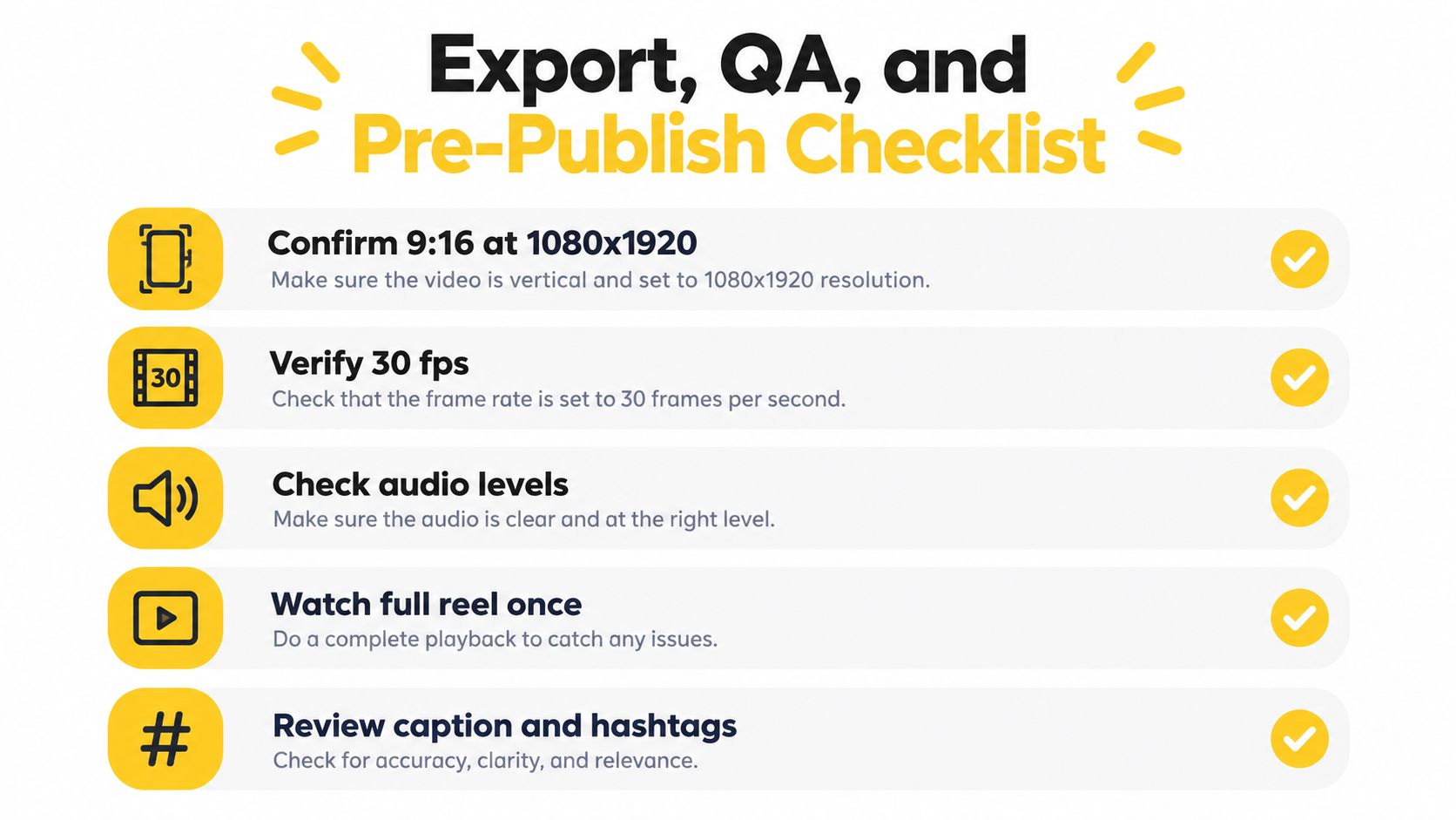A checklist infographic titled Export, QA, and Pre-Publish Checklist detailing five essential steps for social media video preparation.