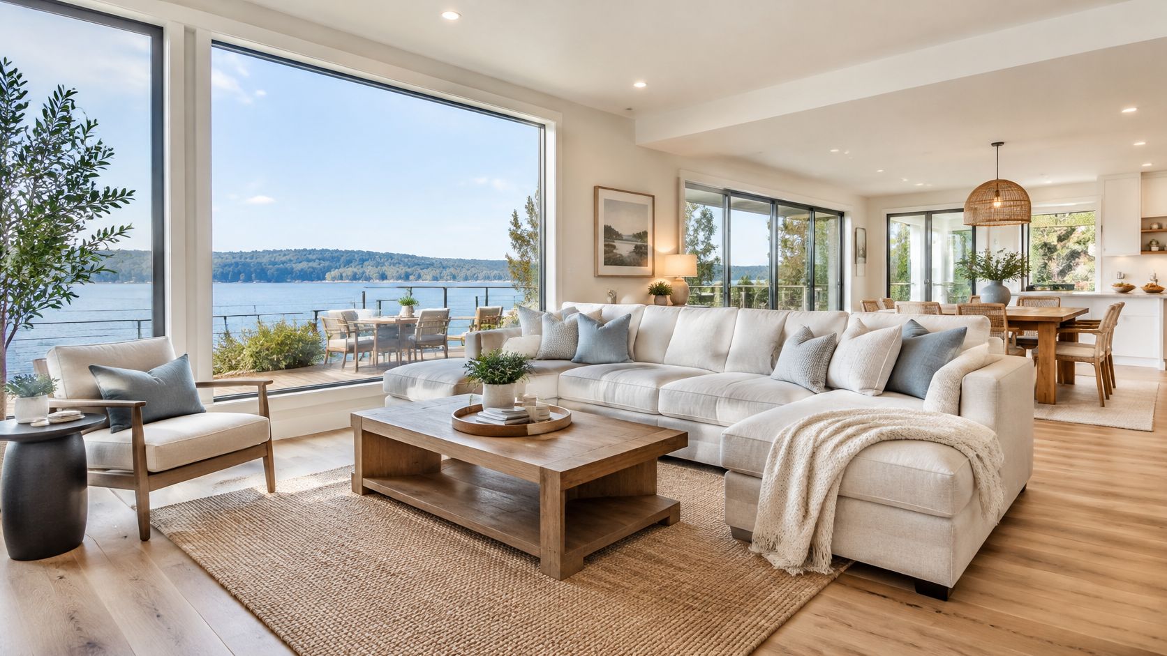 A luxurious modern living room with a large white sectional sofa overlooking a scenic waterfront view.