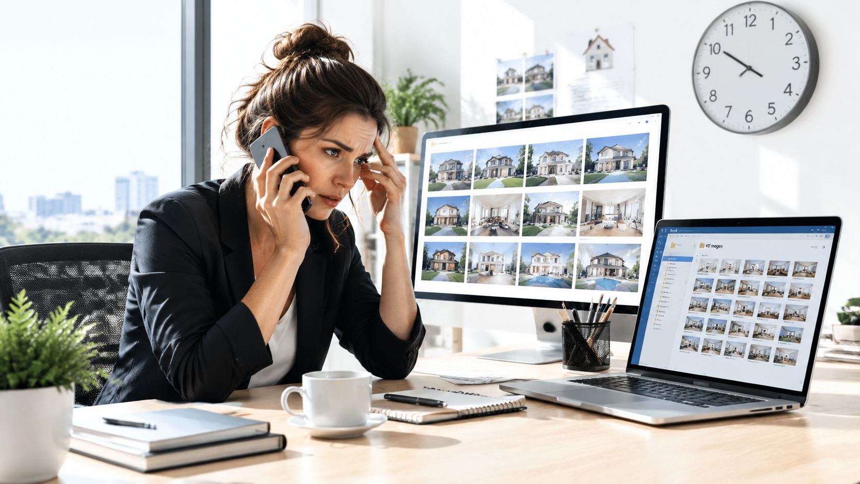 A stressed woman working at her office desk on a laptop while talking on the phone.