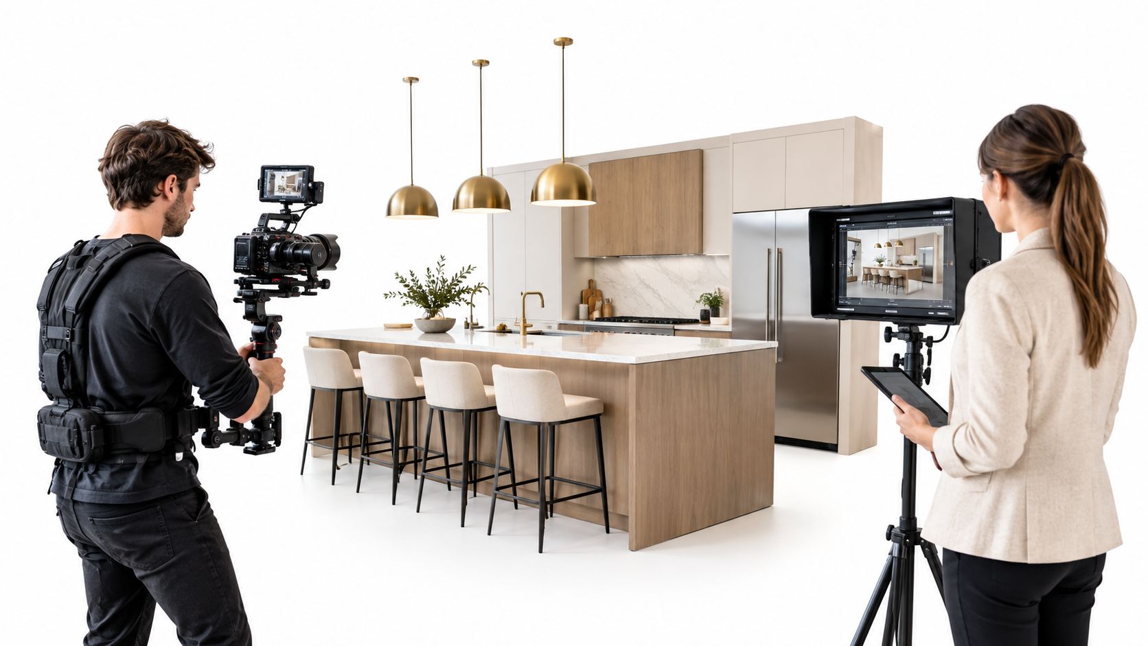 A professional videographer and director filming a modern kitchen set in a studio for real estate marketing.
