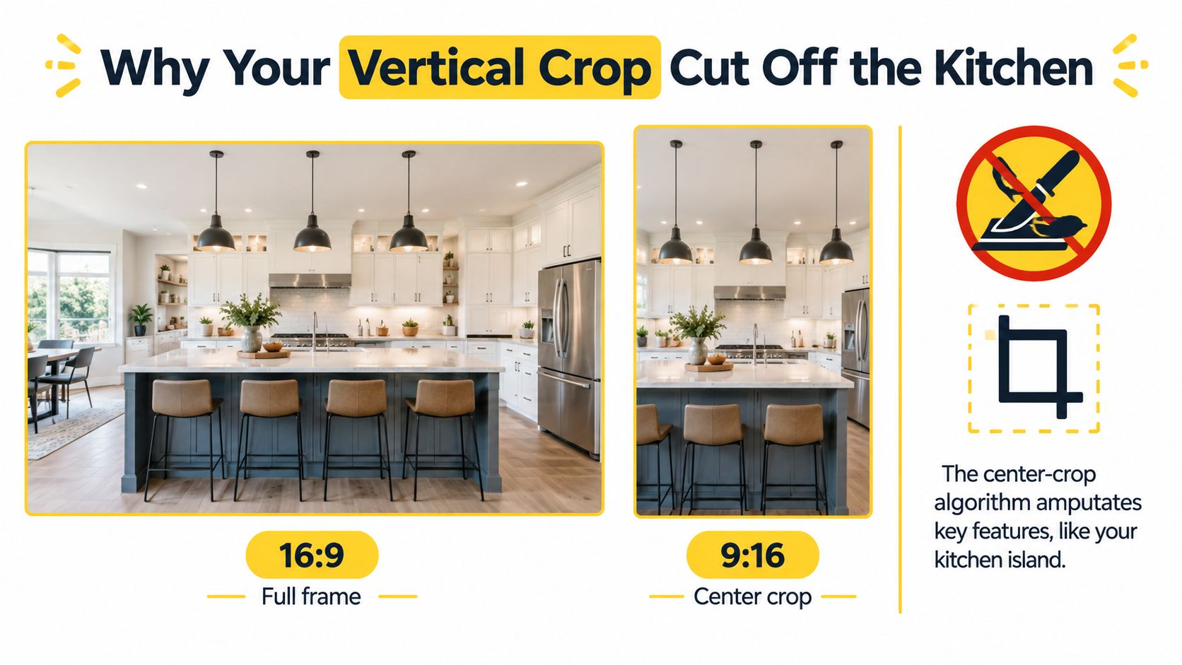 A comparison showing how a wide 16:9 kitchen photo is cut off when converted to 9:16 vertical format.