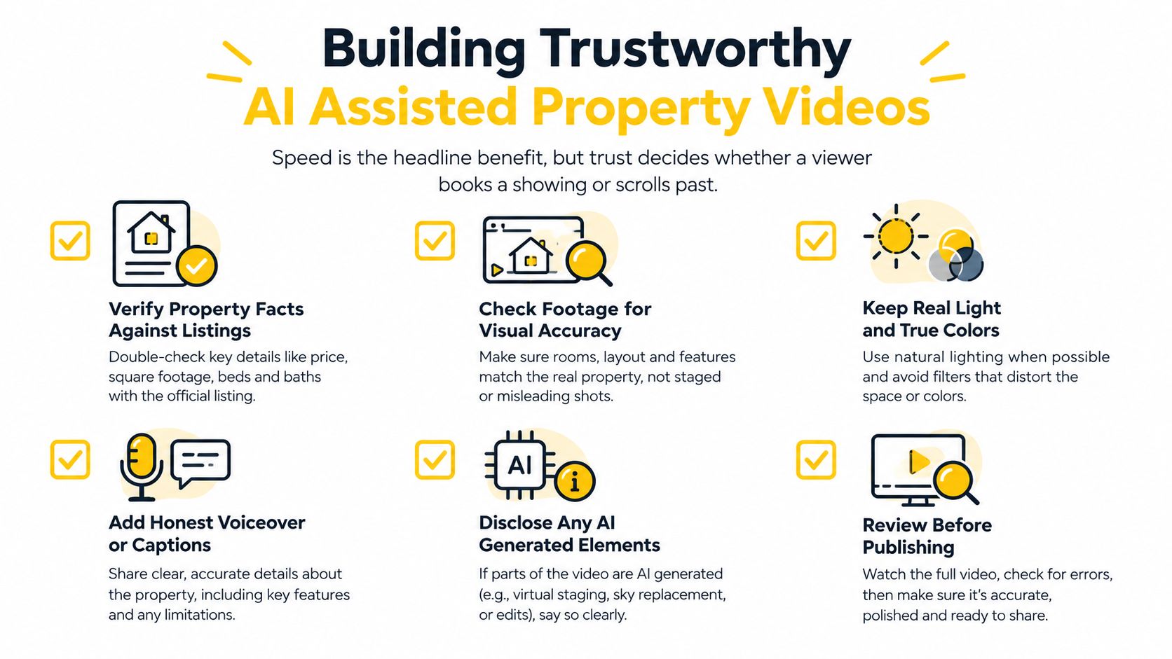 An infographic detailing six essential tips for creating trustworthy and honest AI-assisted real estate property videos.