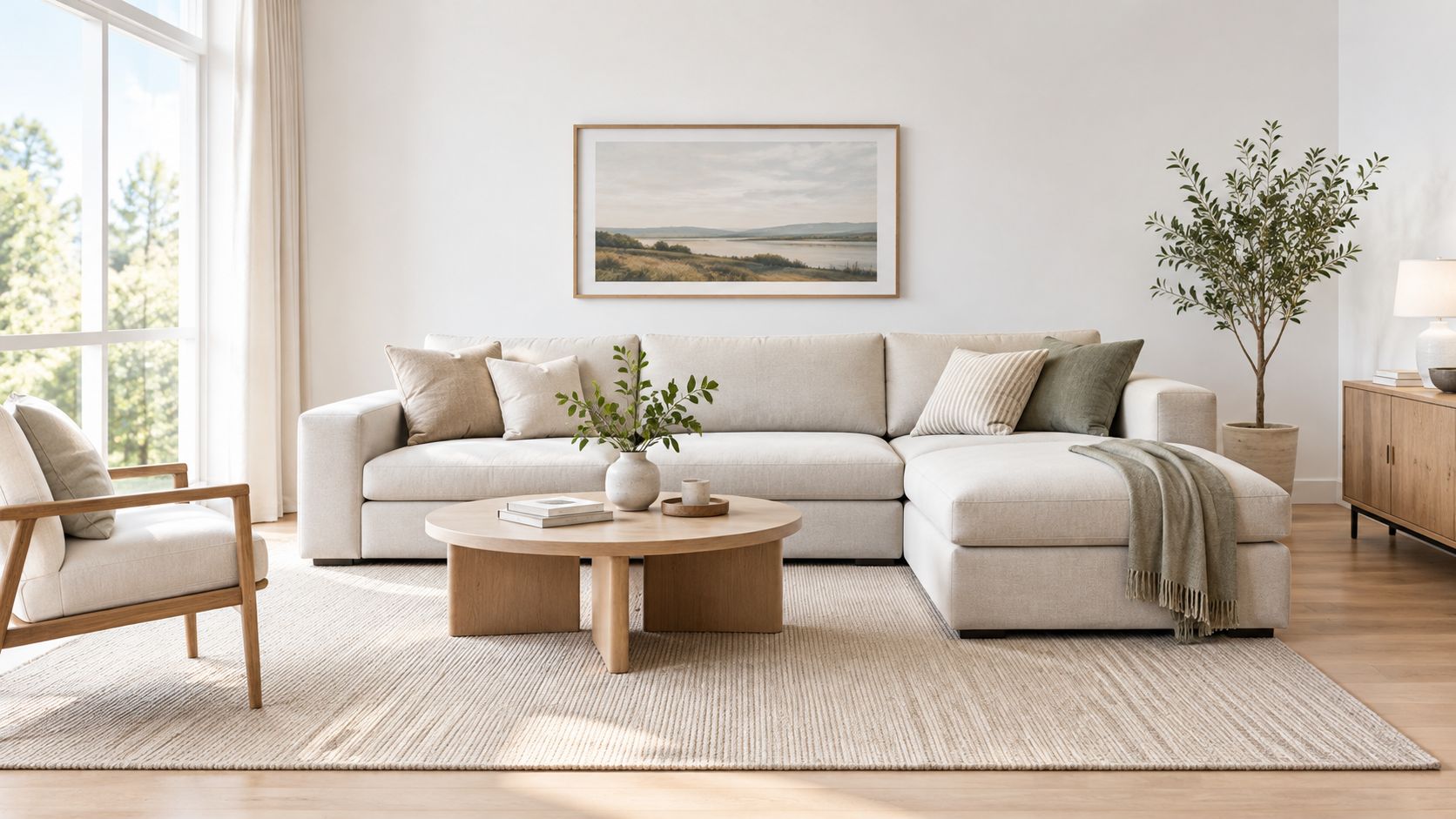 A modern neutral living room featuring a comfortable sectional sofa, wooden coffee table, and natural decor.