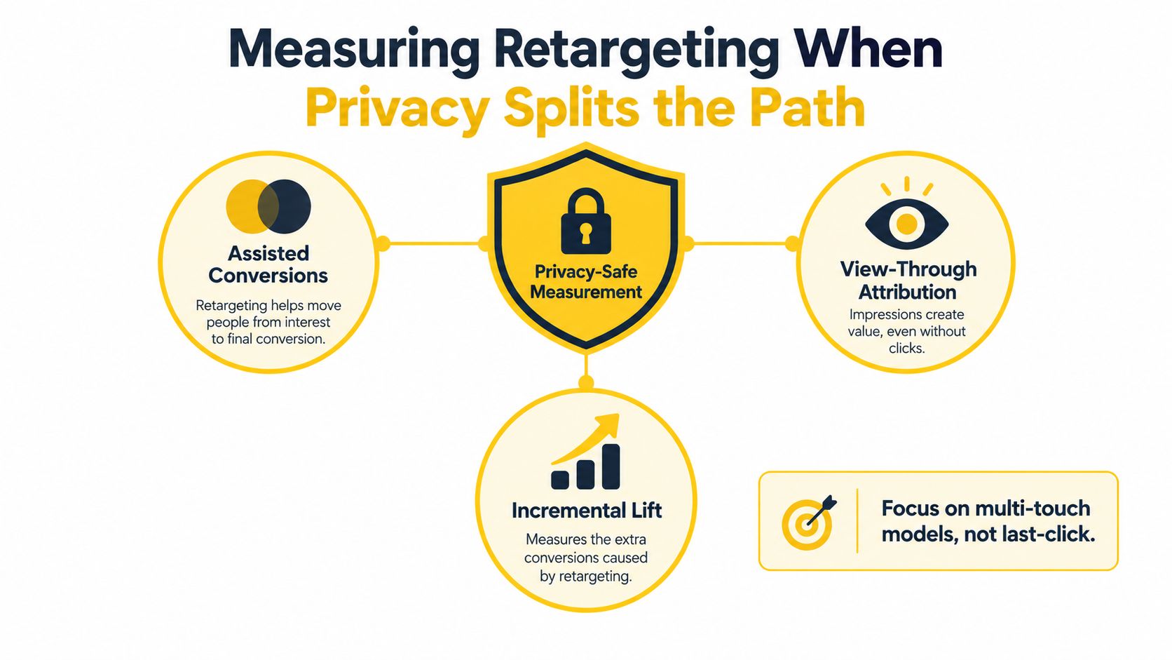 A diagram illustrating privacy-safe measurement strategies for retargeting, including assisted conversions, view-through attribution, and incremental lift methods.