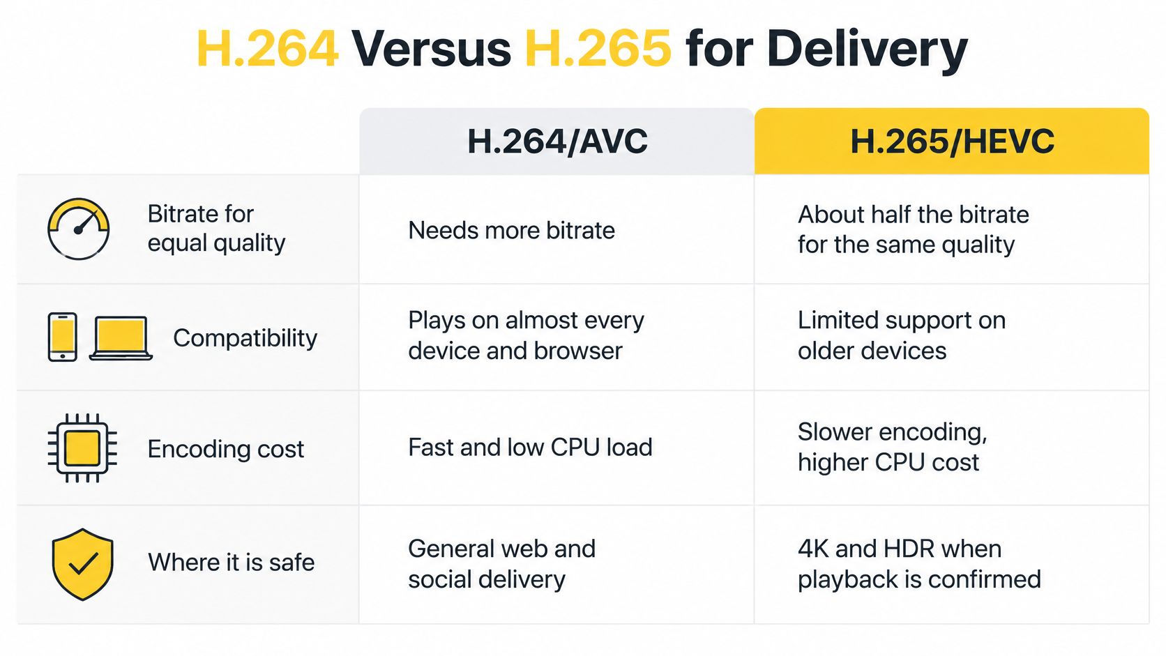 A comparison table outlining the key differences between H.264 and H.265 video delivery formats for streaming.
