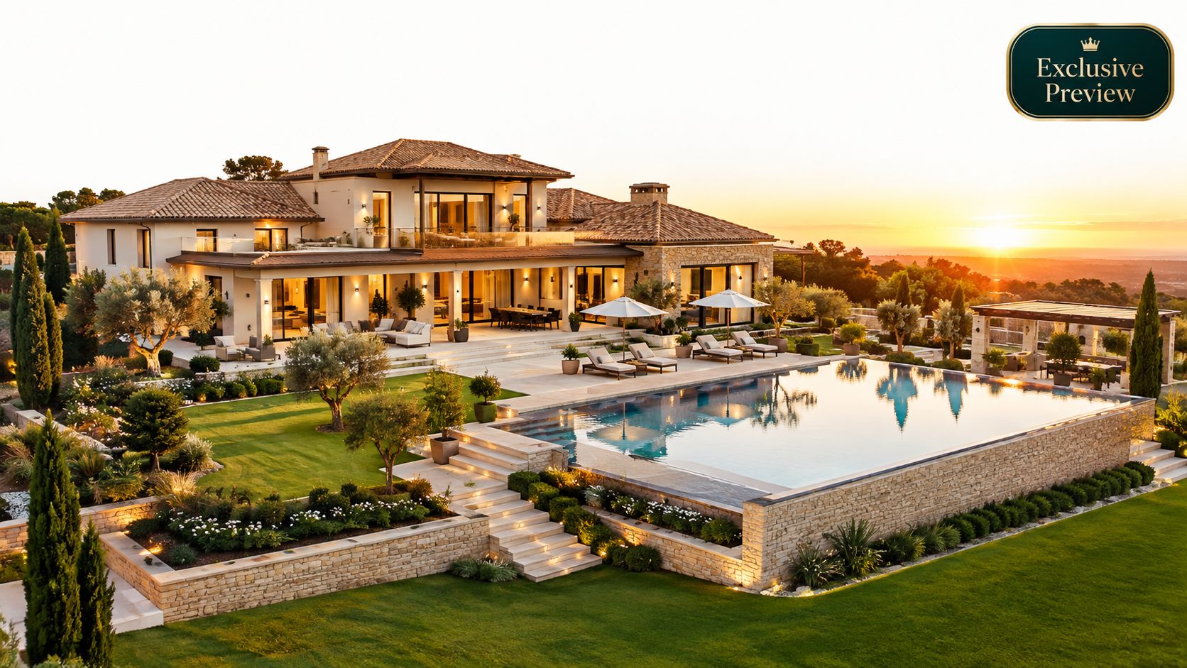A luxurious modern Mediterranean mansion with a sunset view, infinity pool, and beautifully landscaped gardens.