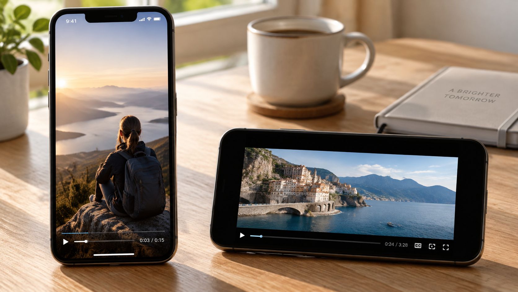 Two smartphones on a wooden desk displaying videos in vertical and horizontal aspect ratios side by side.