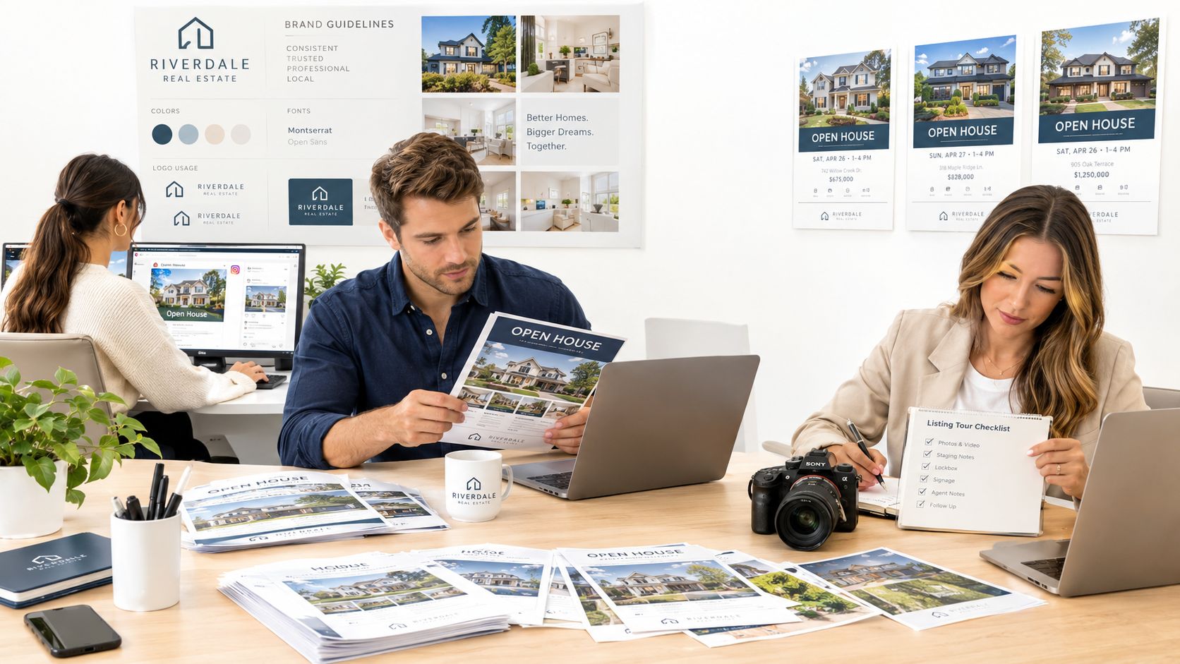 A marketing team collaborates on real estate branding materials and open house flyers in a professional office.