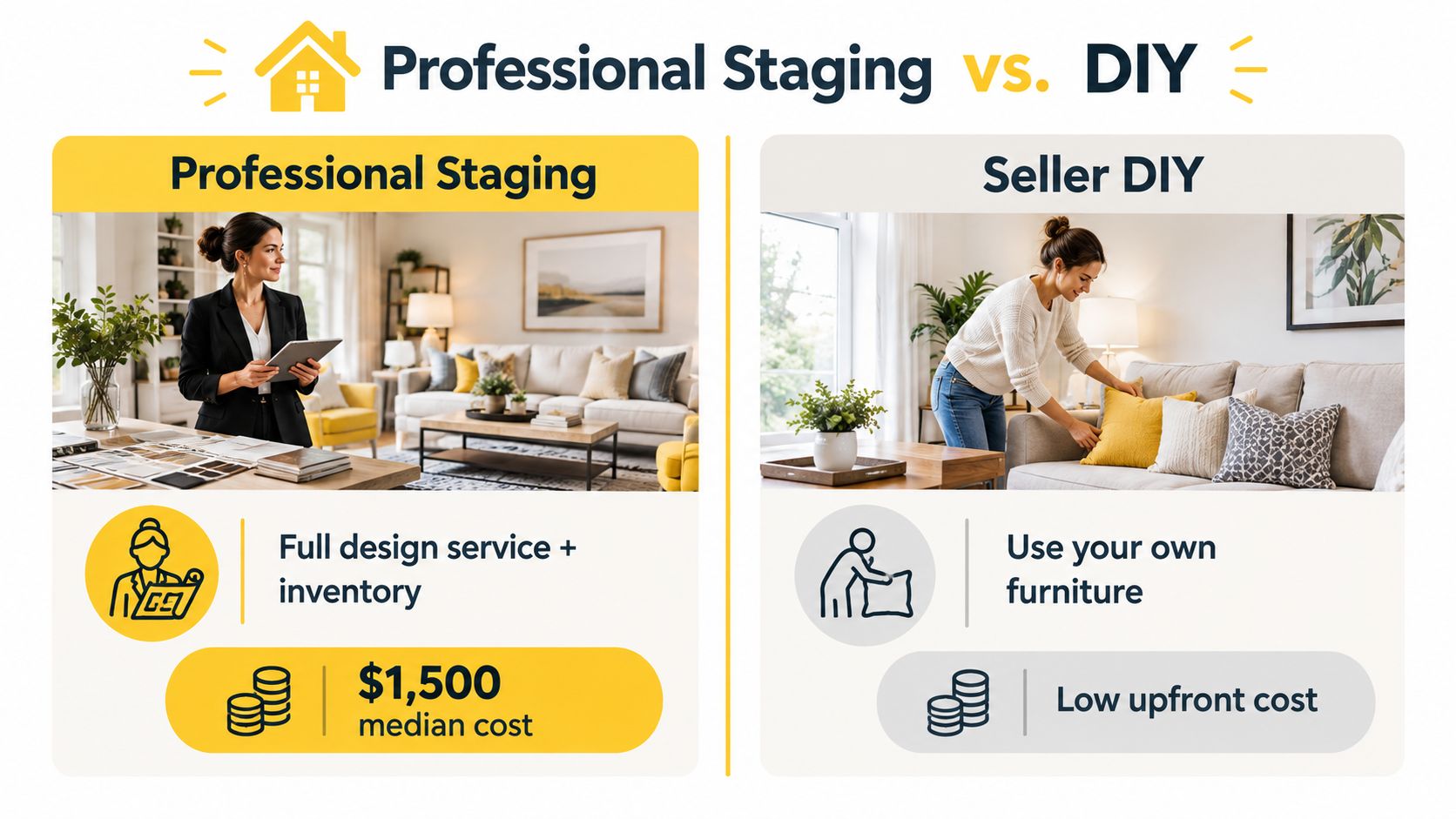 A comparison infographic between professional home staging services and DIY staging for home sellers.