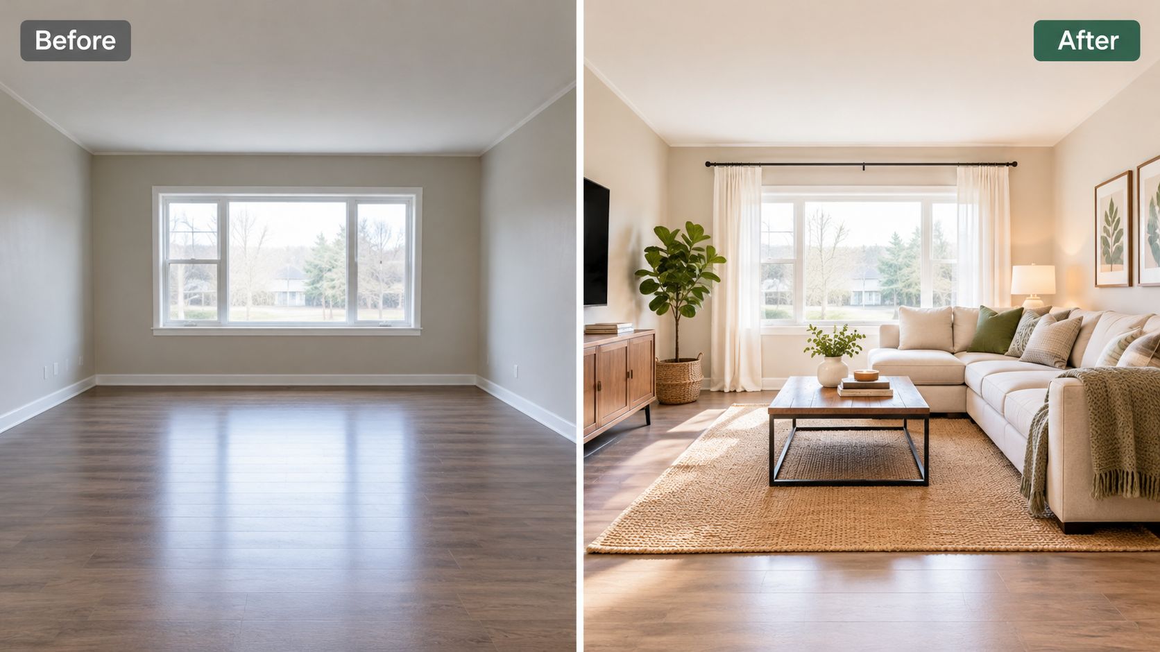 A split view comparison of an empty living room and a fully staged modern living room.