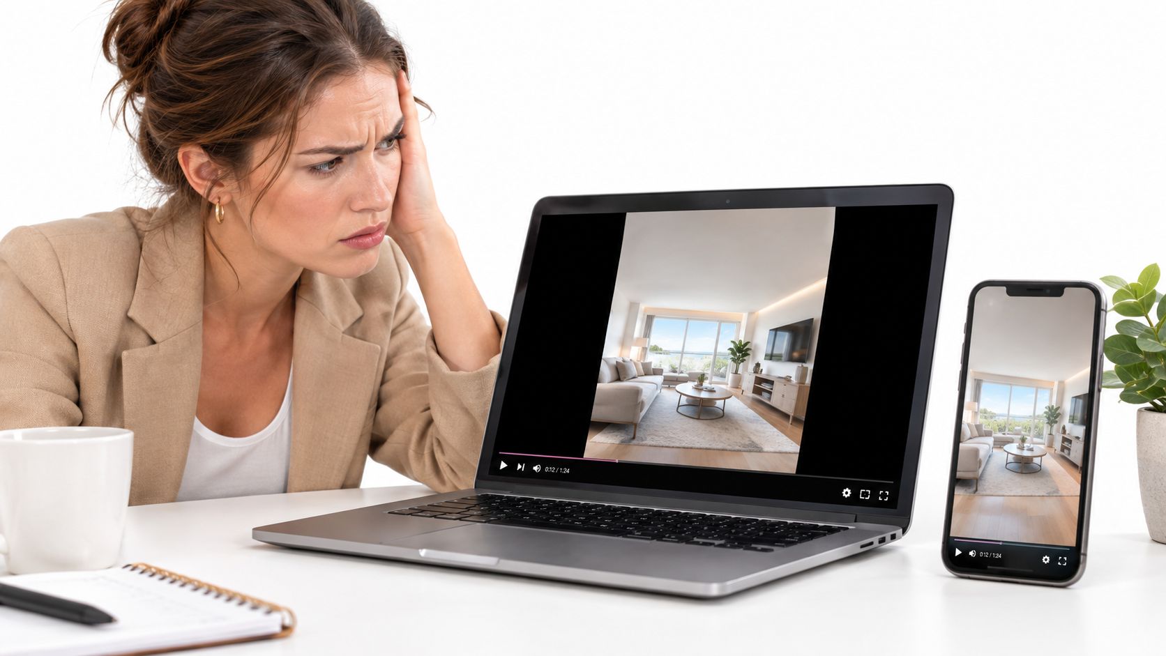 A woman looks frustrated at a laptop and smartphone screen displaying the same interior design video.