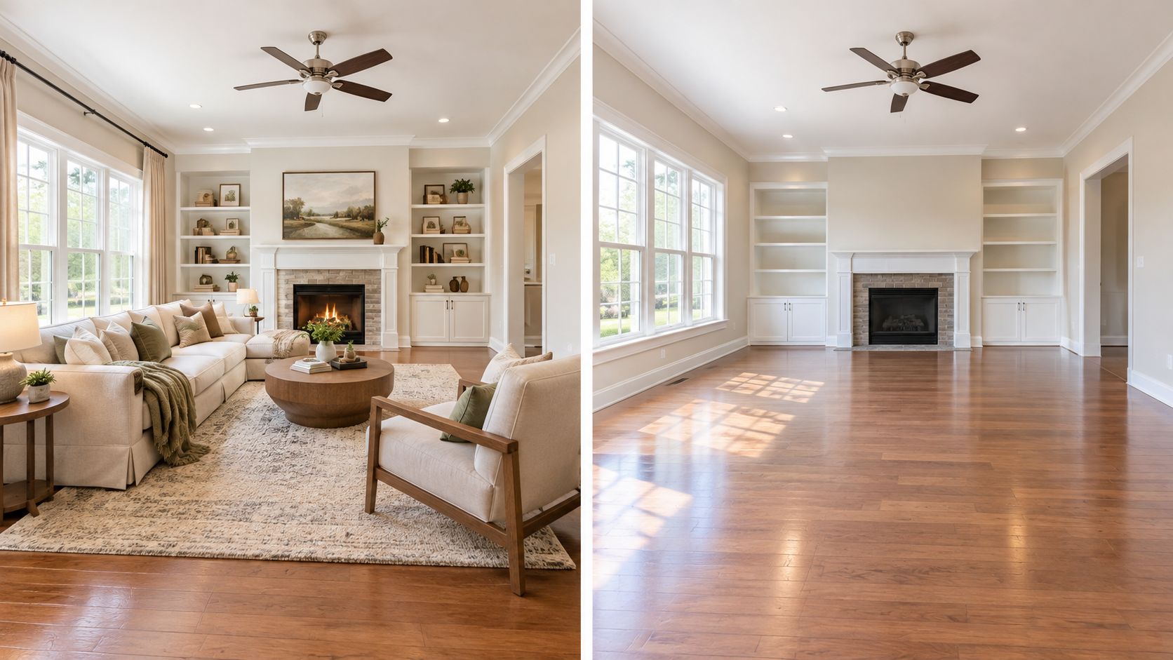 A split-screen comparison showing a living room before and after virtual staging with furniture and decor.