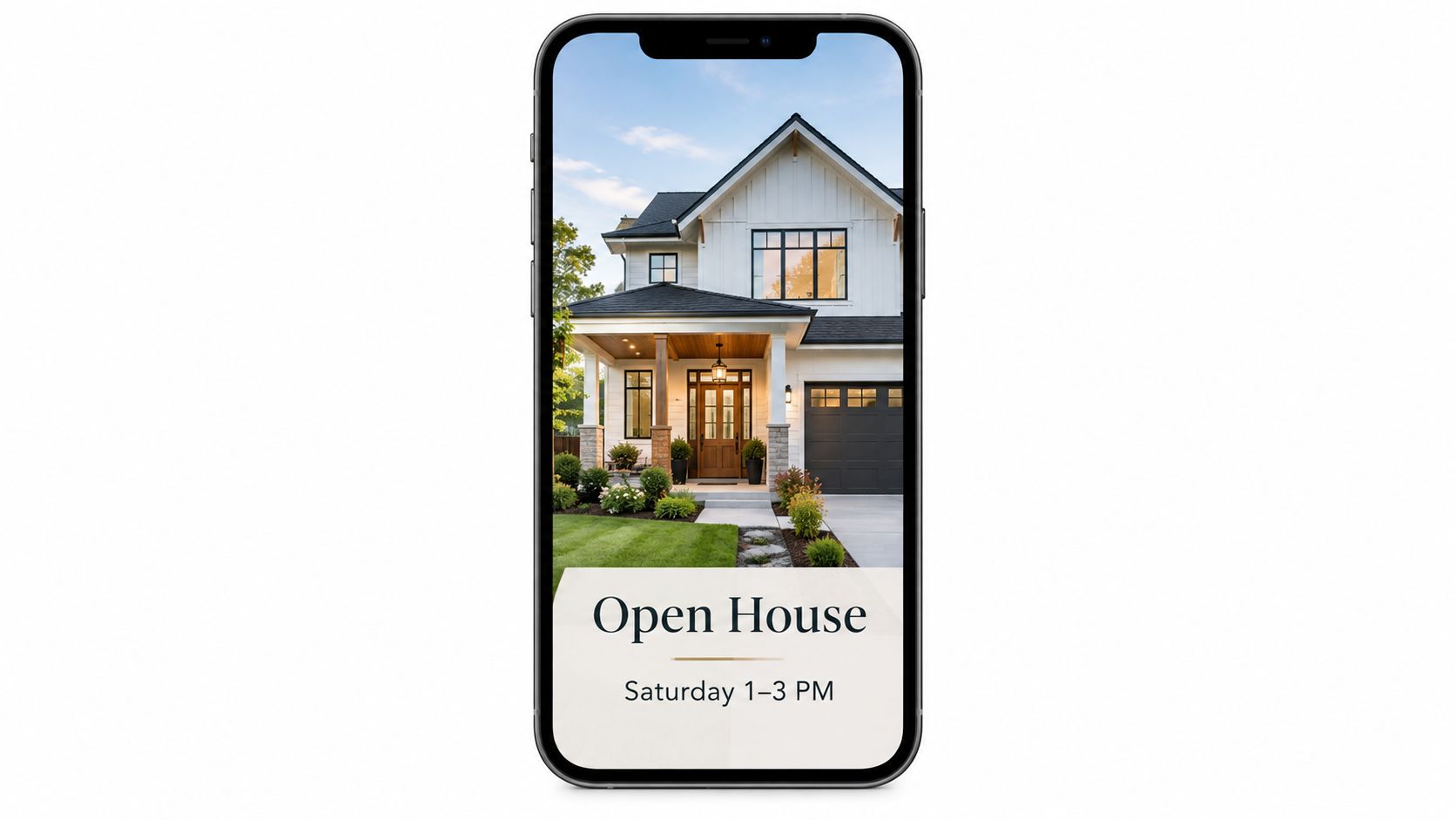 A smartphone screen displaying a real estate advertisement for an open house on Saturday from 1 to 3 PM.