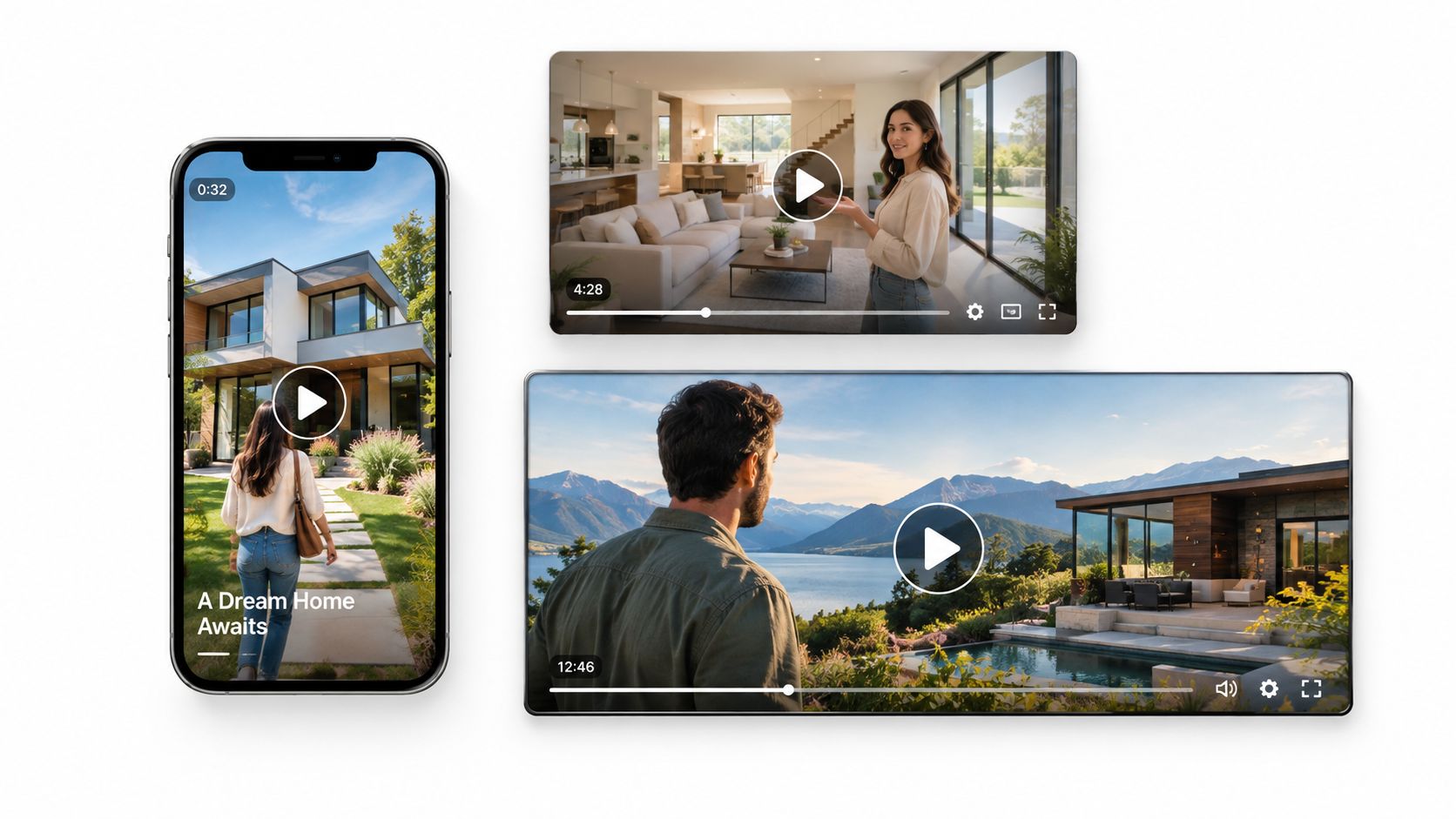 A smartphone and two digital displays showing real estate marketing videos of modern luxury homes.