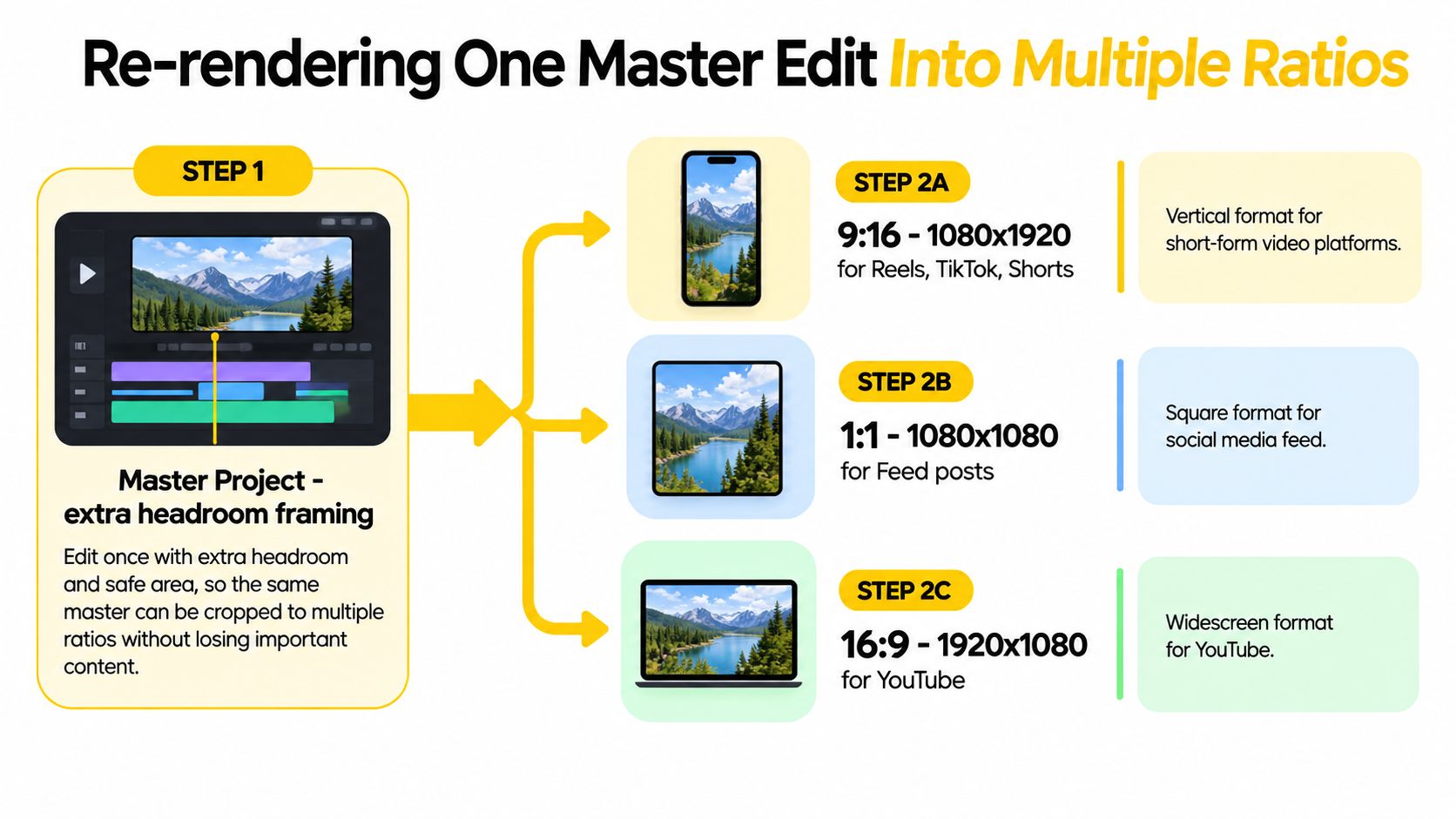 A diagram demonstrating how to re-render a master video project into multiple aspect ratios for different platforms.