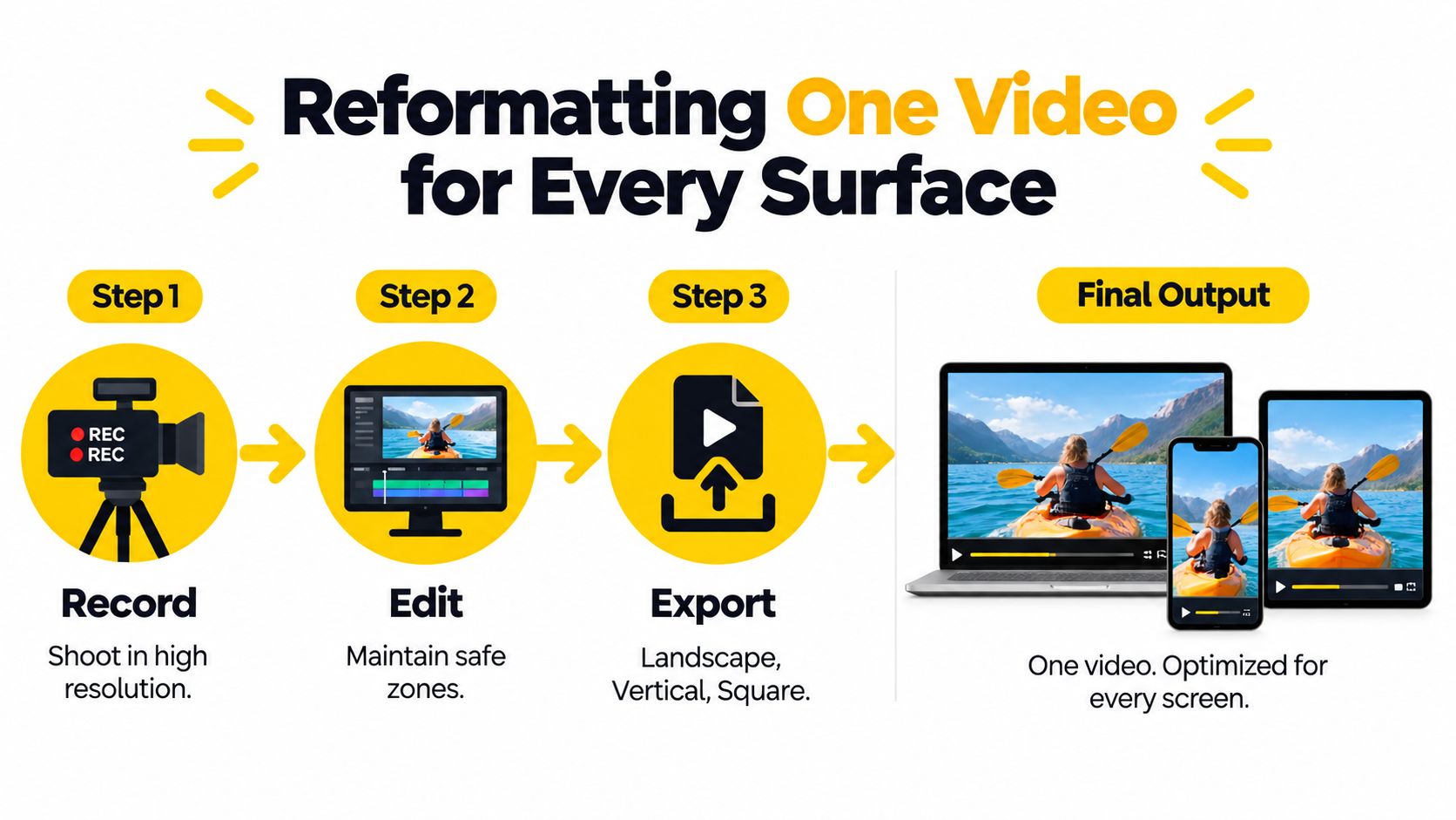 An infographic showing the three-step process of recording, editing, and exporting video content for multiple screen aspect ratios.
