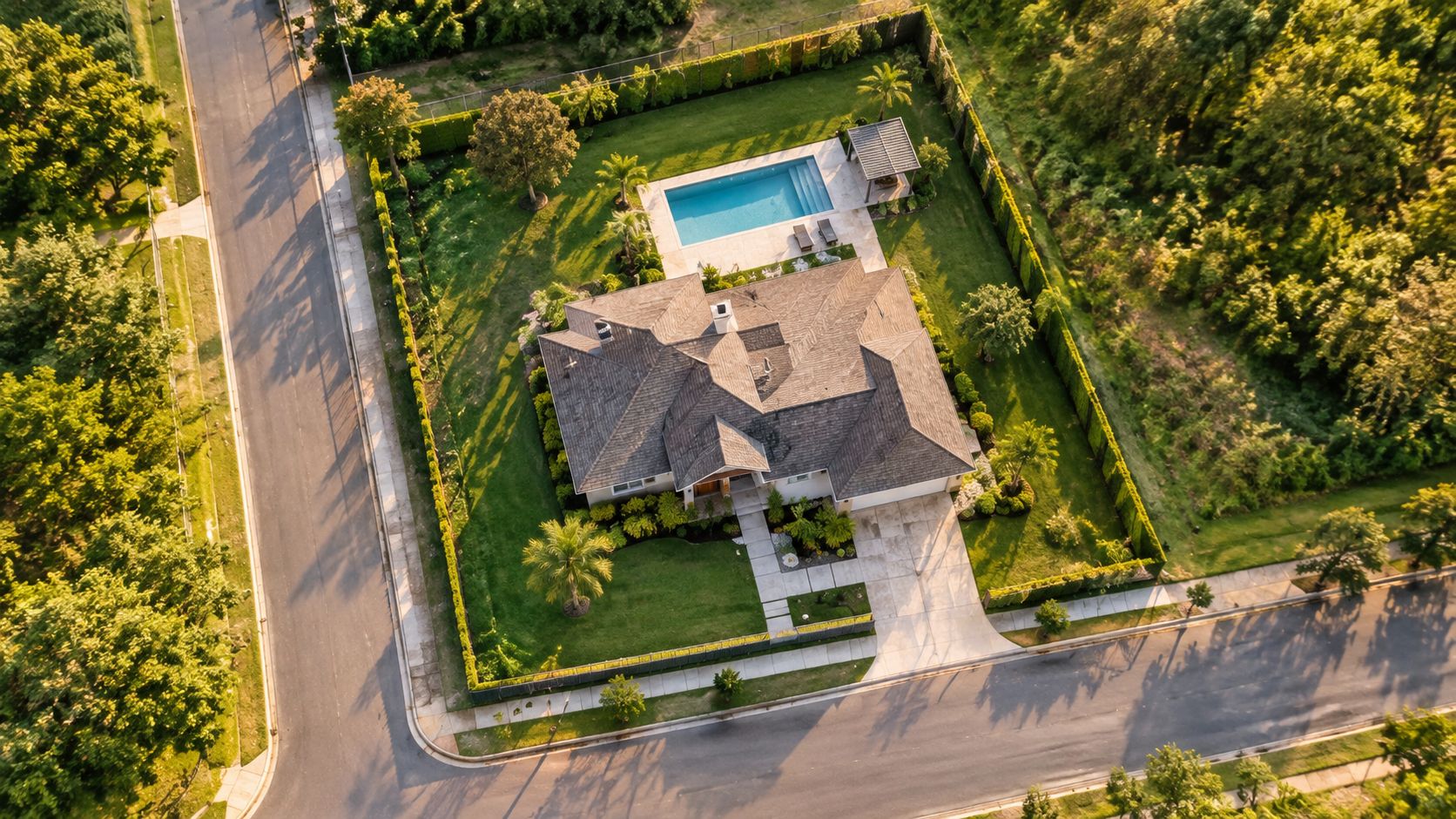An aerial drone view showing a residential house with a swimming pool and landscaped lawn on a corner lot.