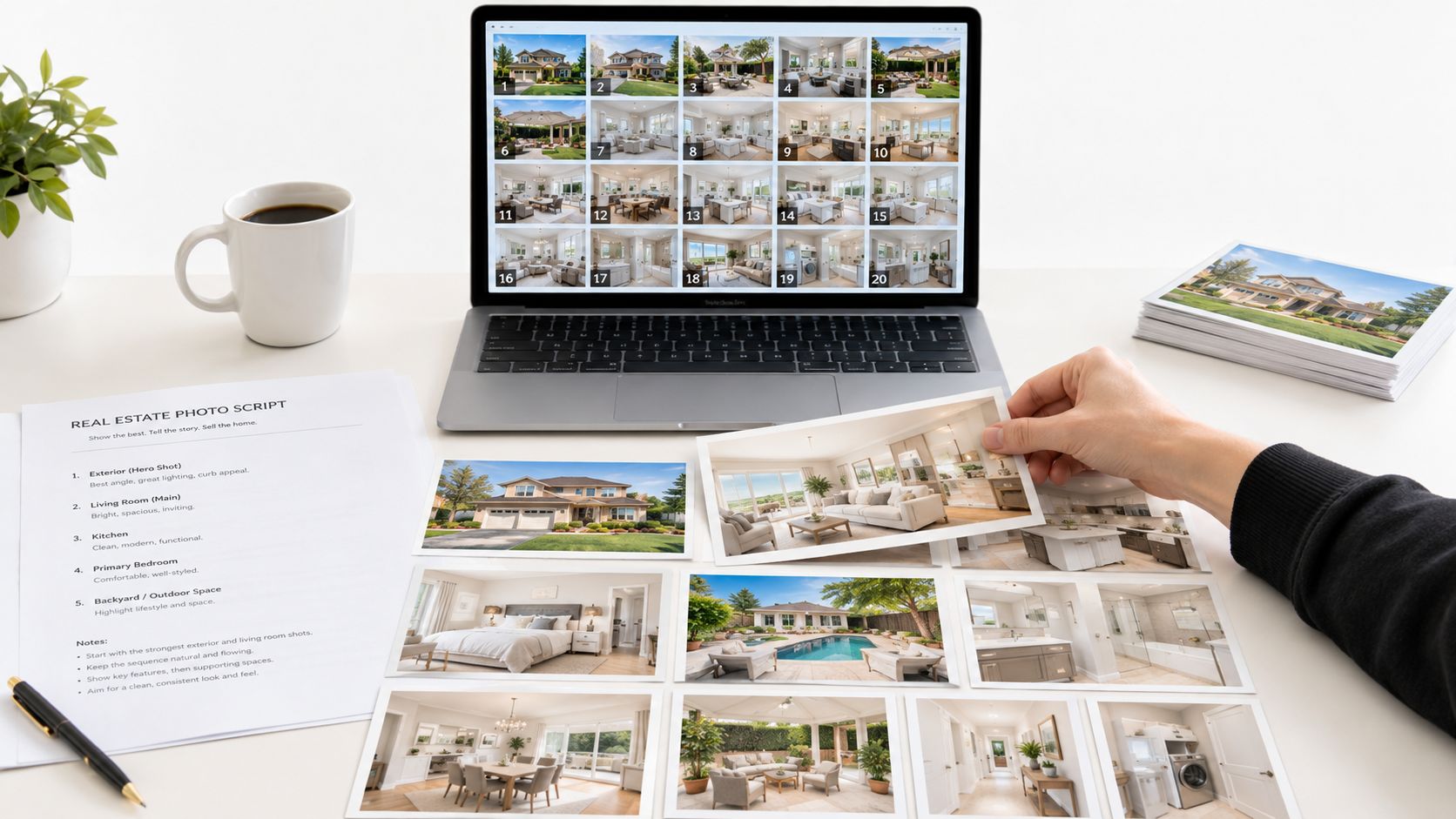 A person organizing real estate photography prints on a desk next to a laptop displaying image thumbnails.