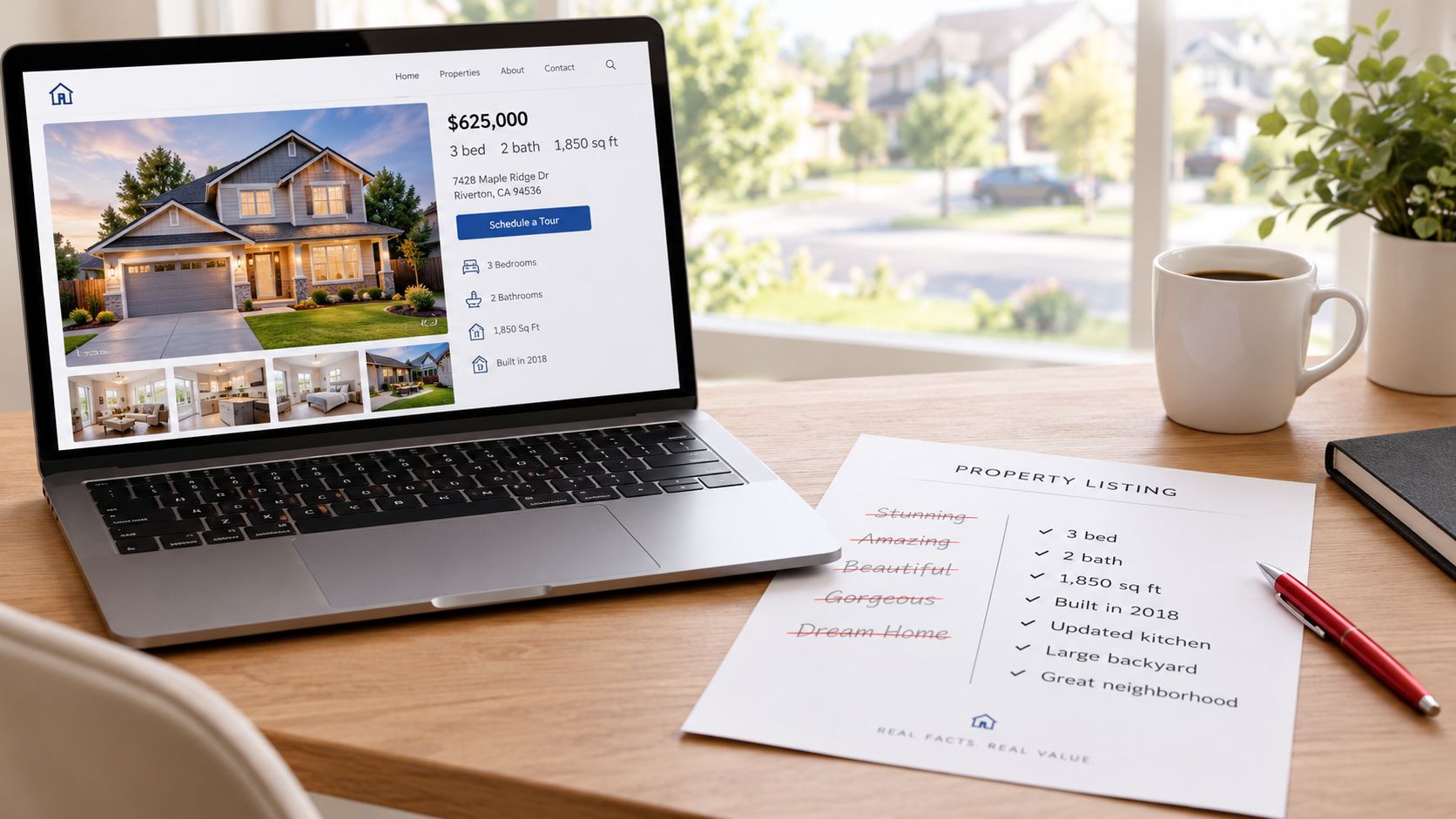 A laptop showing a real estate property listing on a desk with a printed property check list.
