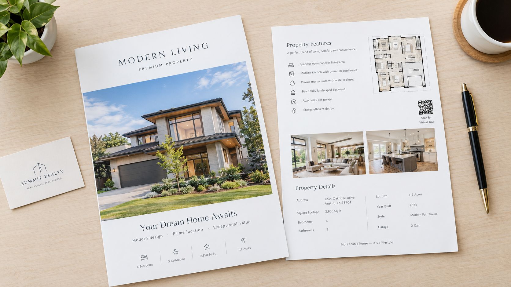 A professional real estate flyer with a house photo, property details, and floor plan on a desk.
