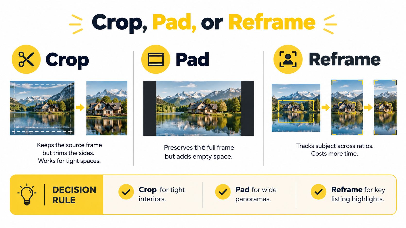 A visual guide explaining how to handle video aspect ratio changes by cropping, padding, or reframing content.