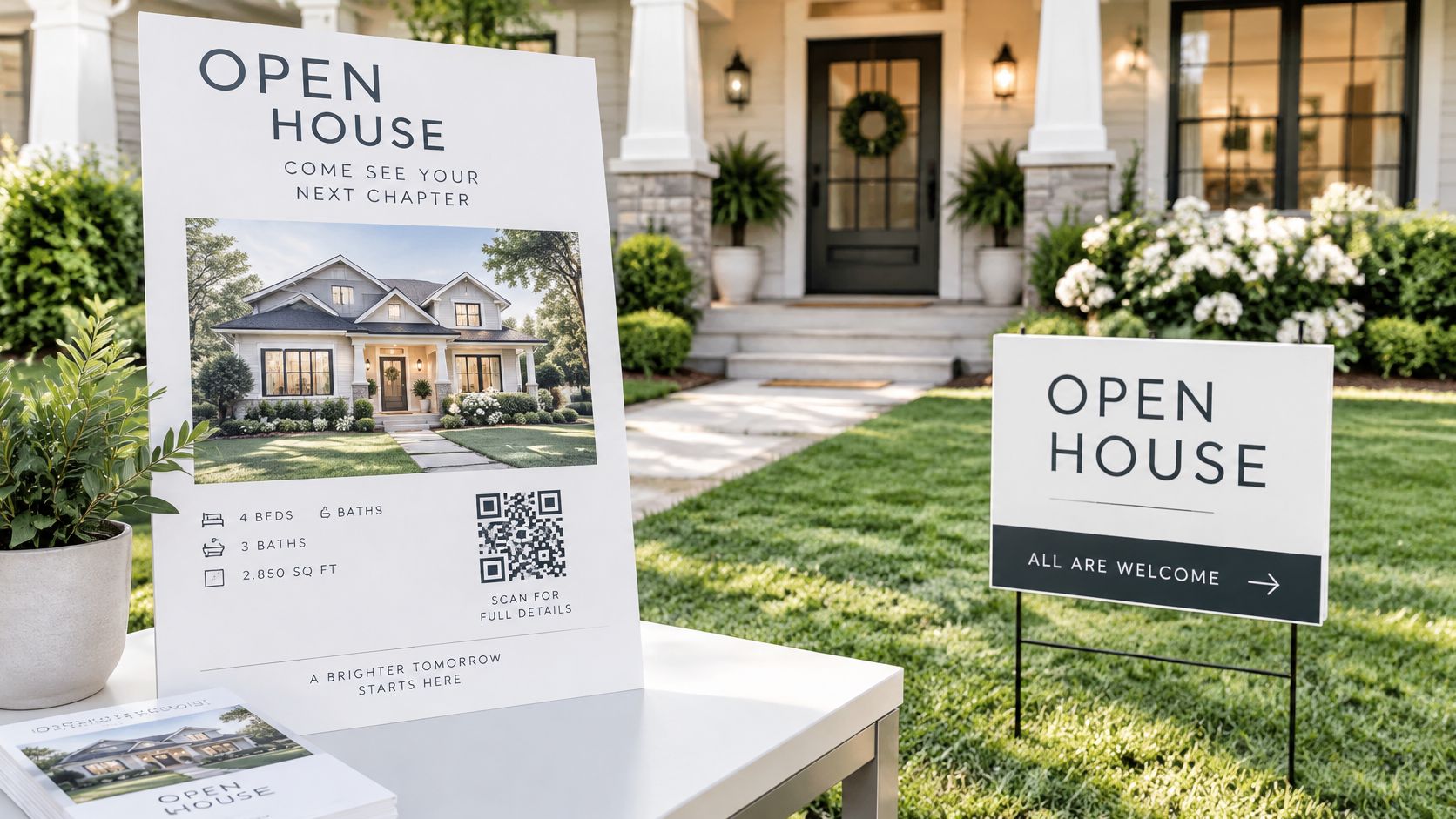 A professional real estate open house sign displayed on a table in front of a suburban home.