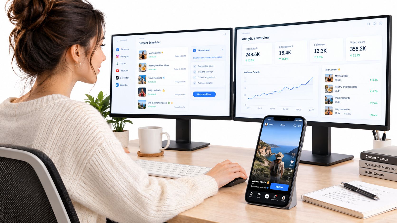 A woman working at her desk with multiple monitors displaying analytics and social media content scheduling software.