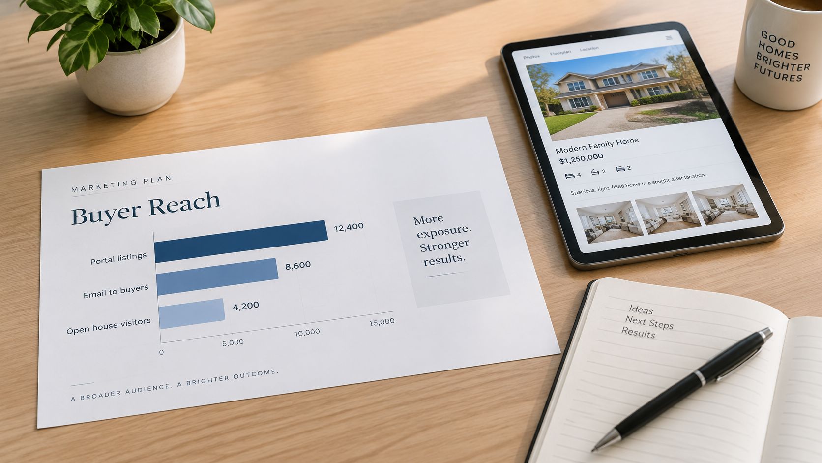 A real estate marketing plan document, a tablet with a property listing, and a notebook on a desk.