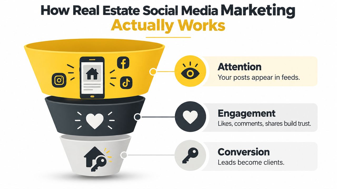 A marketing funnel diagram illustrating how social media efforts lead to real estate client conversions.