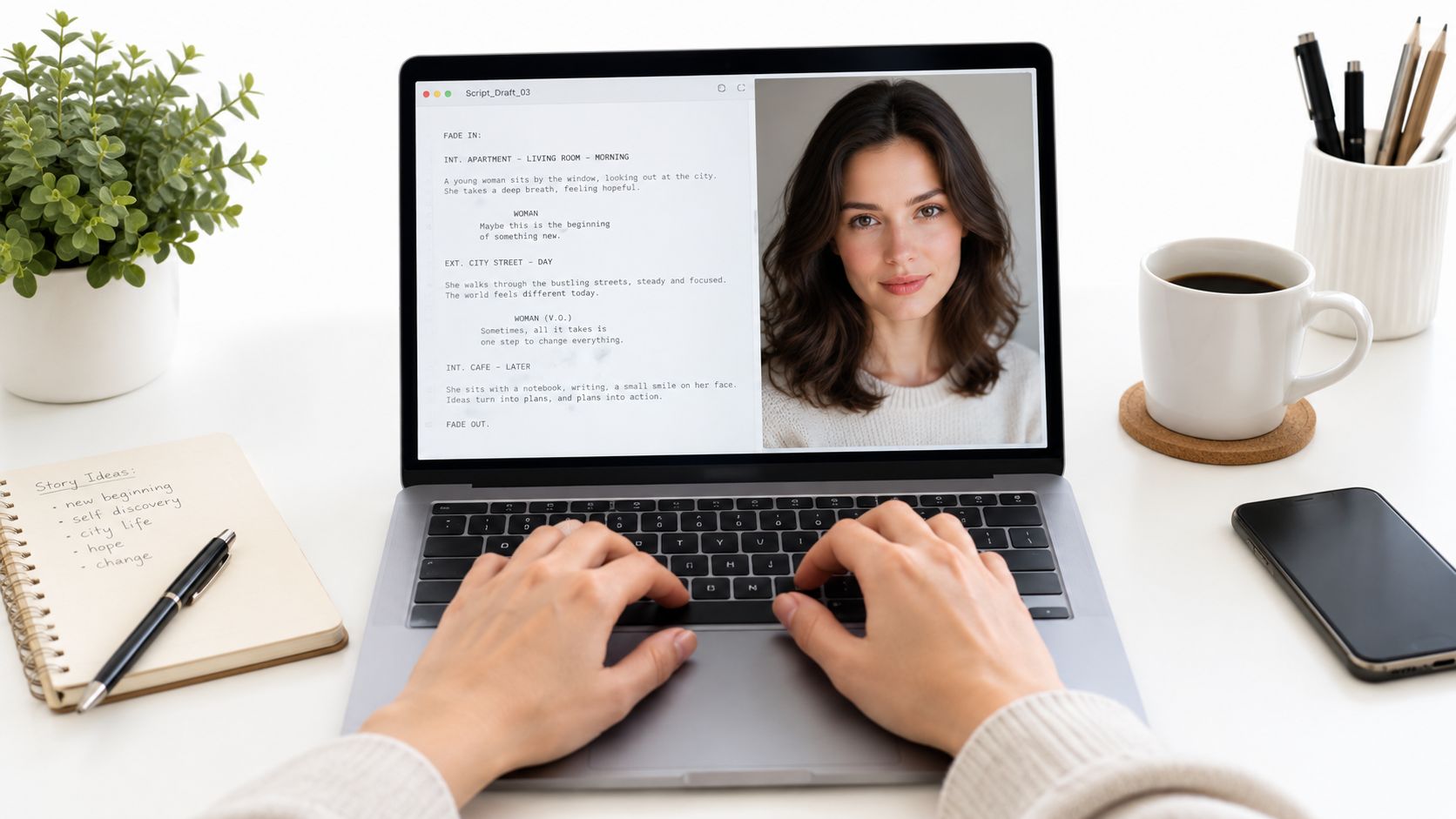 A person typing on a laptop displaying a film script and a professional ai avatar video portrait.