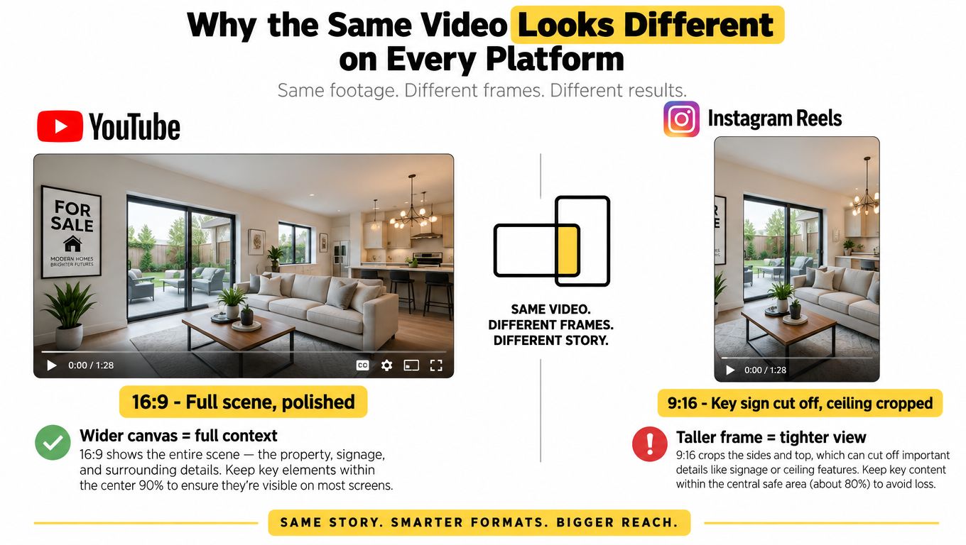 A comparison infographic showing how a real estate video frame is cropped differently for YouTube and Instagram Reels.