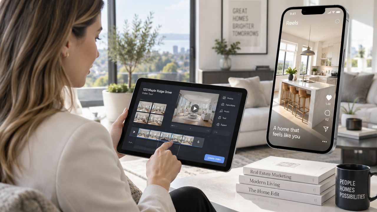 A woman using a tablet for real estate video editing while a smartphone displays the final reel.