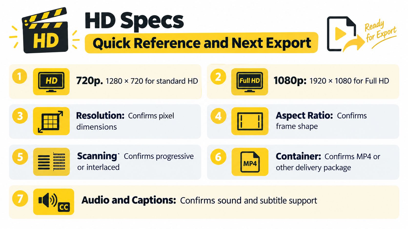 A visual guide titled HD Specs showing technical video export settings like resolution, aspect ratio, and container formats.