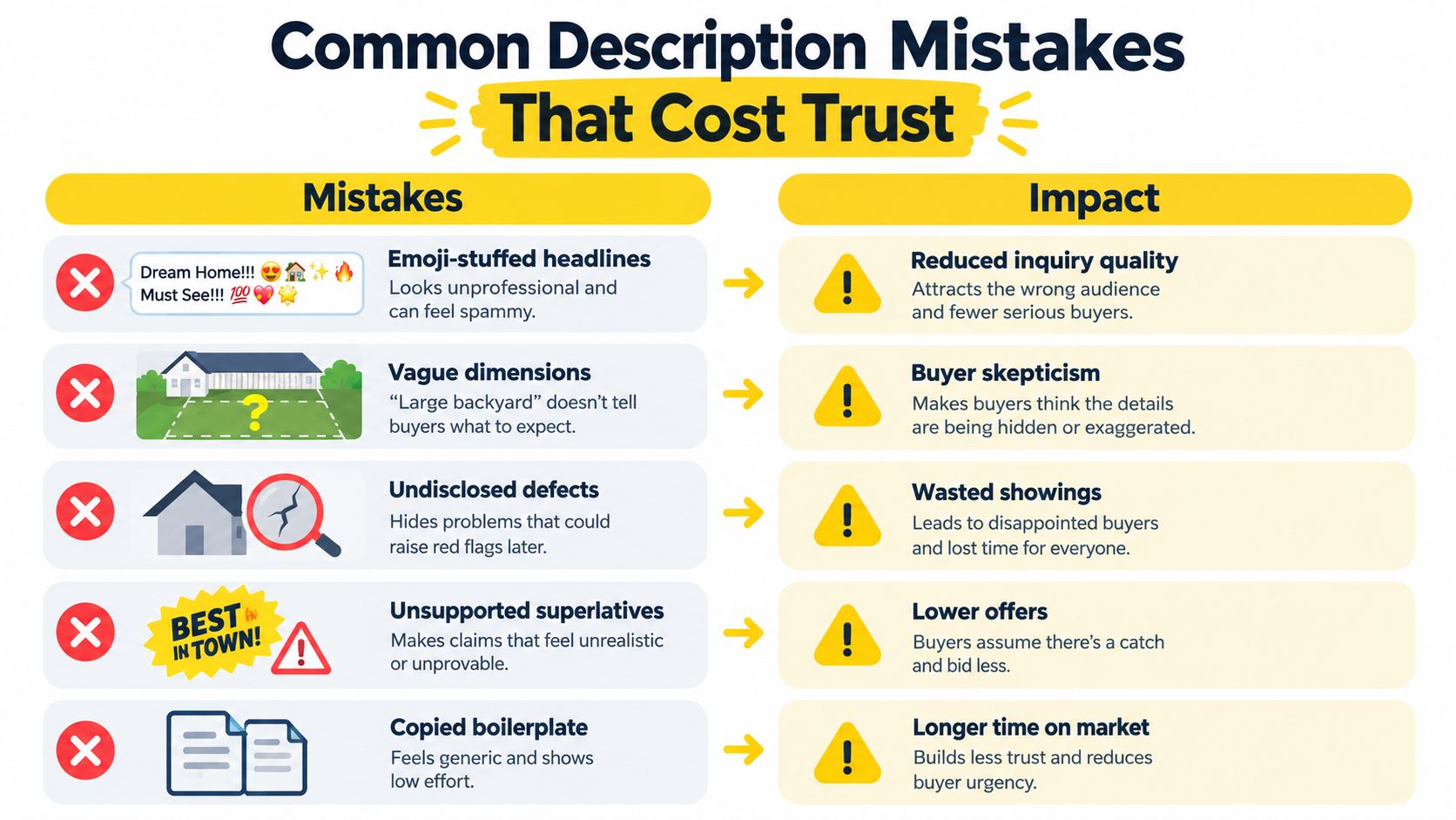 An infographic listing common real estate description mistakes and their negative impact on property sales and buyer trust.