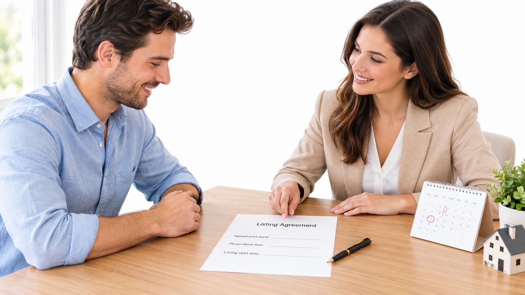 A professional realtor in a blazer discussing a listing agreement with a client in a bright office.