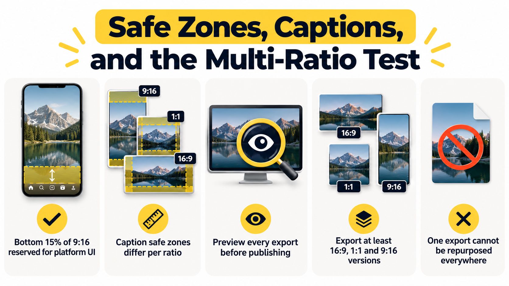 An infographic showing how to manage safe zones for captions when using different video aspect ratios.