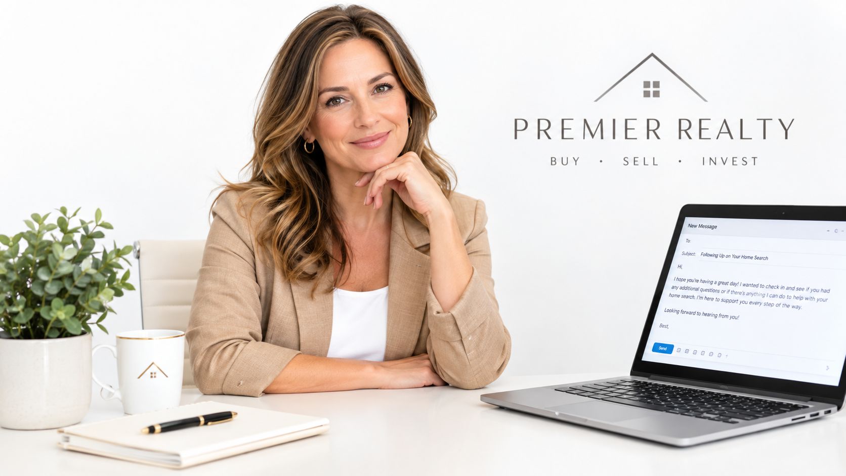 A professional real estate agent smiling while sitting at a desk with a laptop and notebook.
